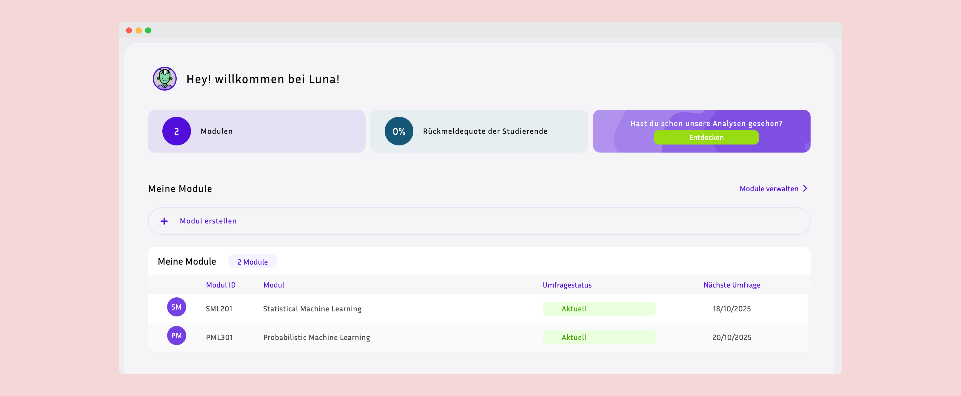 Lecturer module overview highlighting enrollment metrics