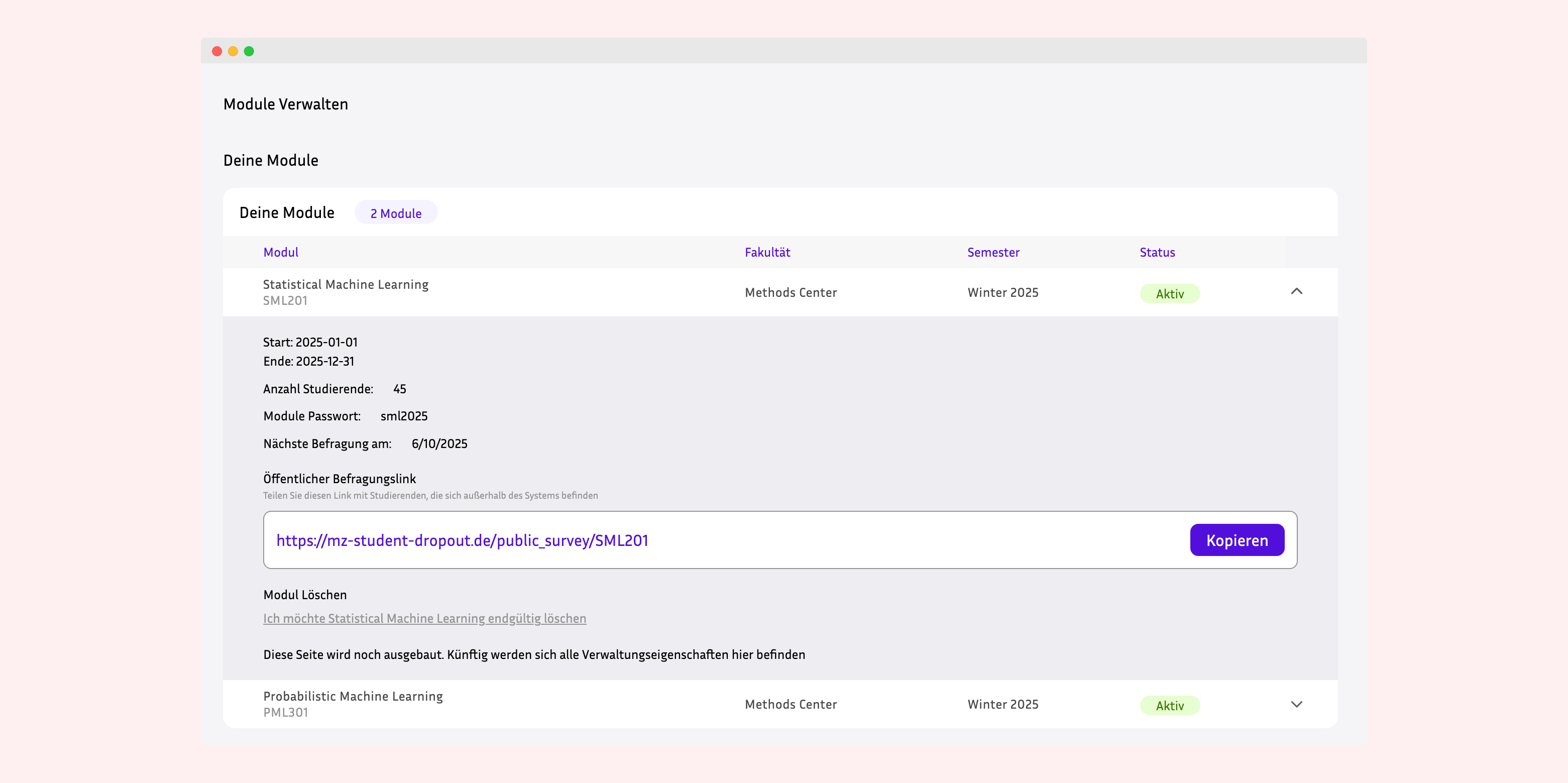 Lecturer survey form builder displaying JSON configuration