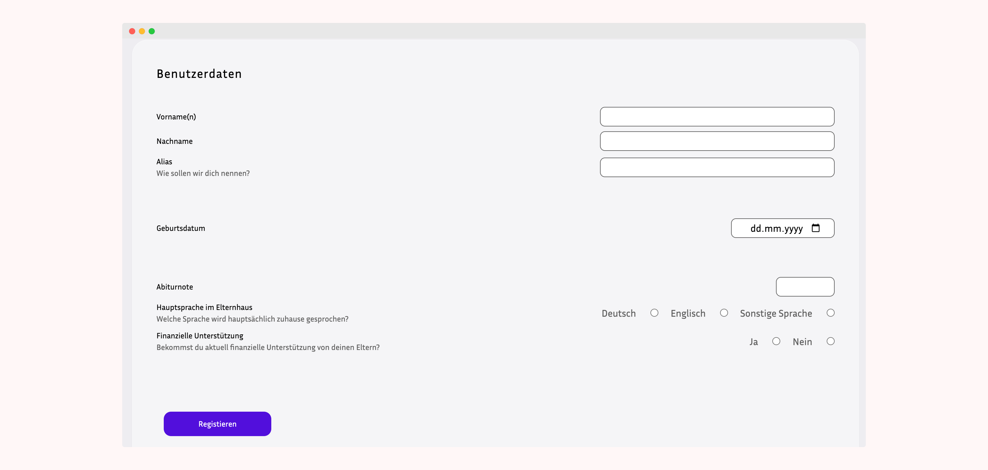 Student account profile form with personal details