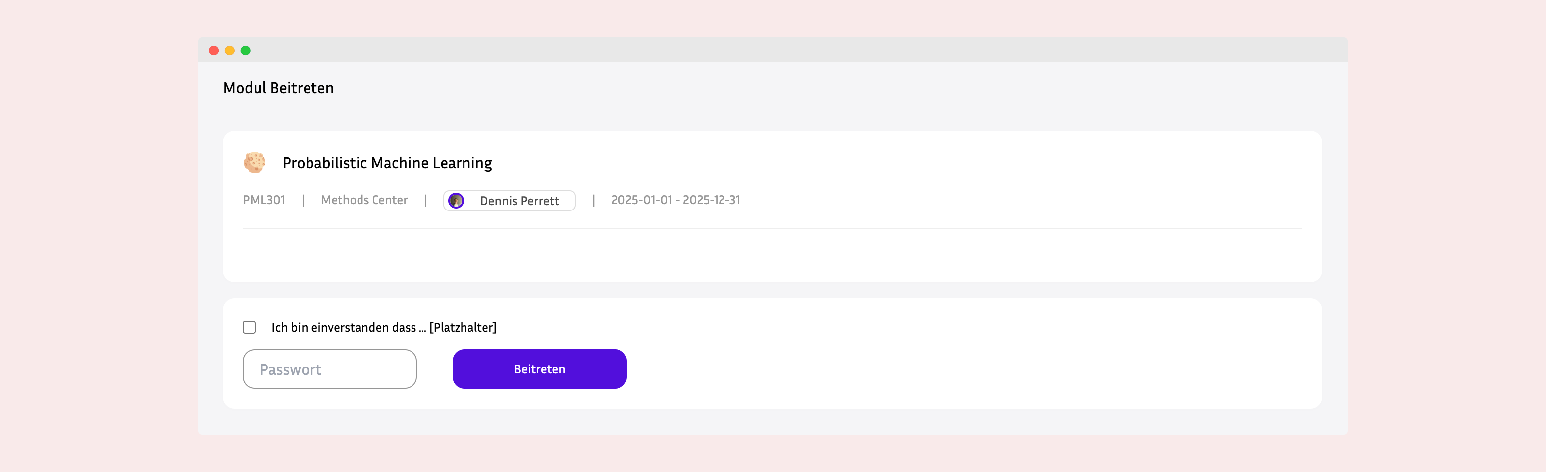 Student enrollment dialog prompting for module password