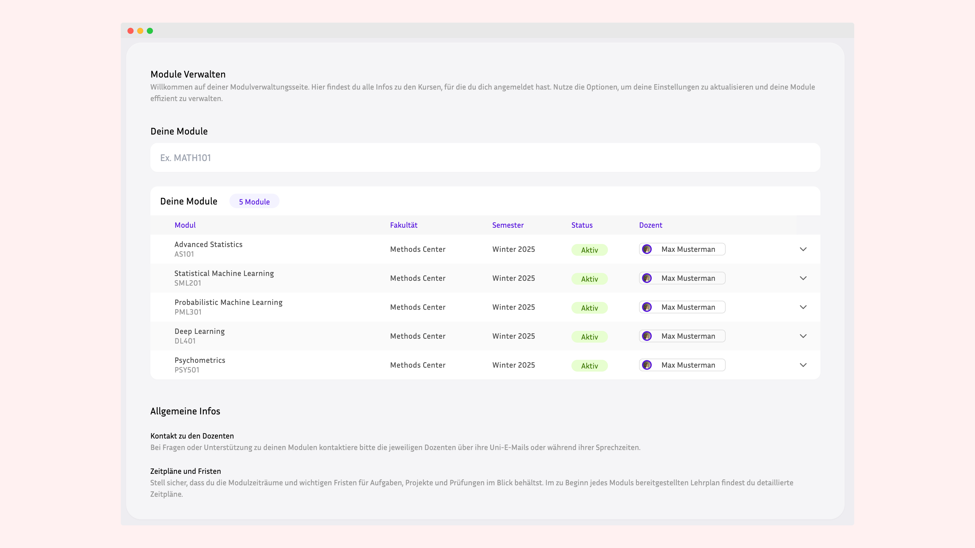 Student module management view with active enrollments