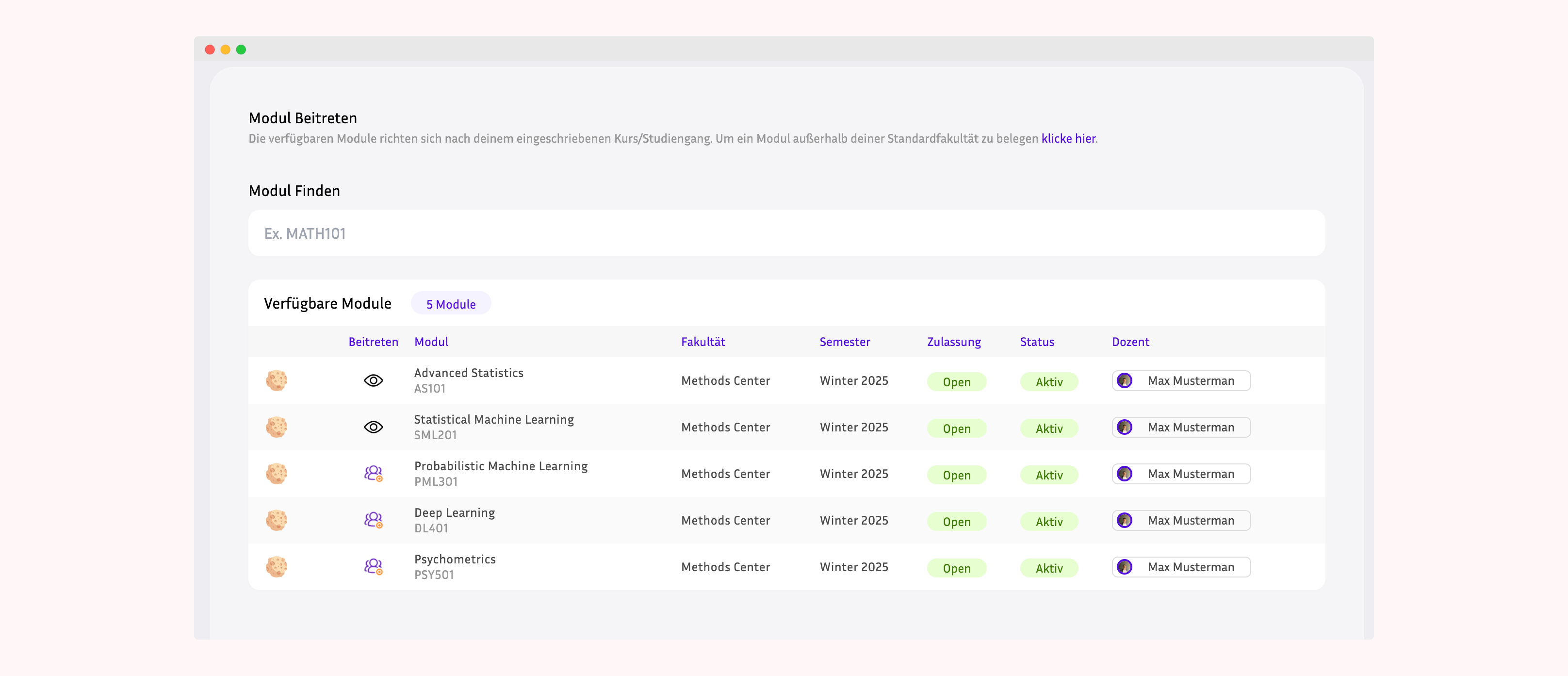 Student module search interface showing available courses