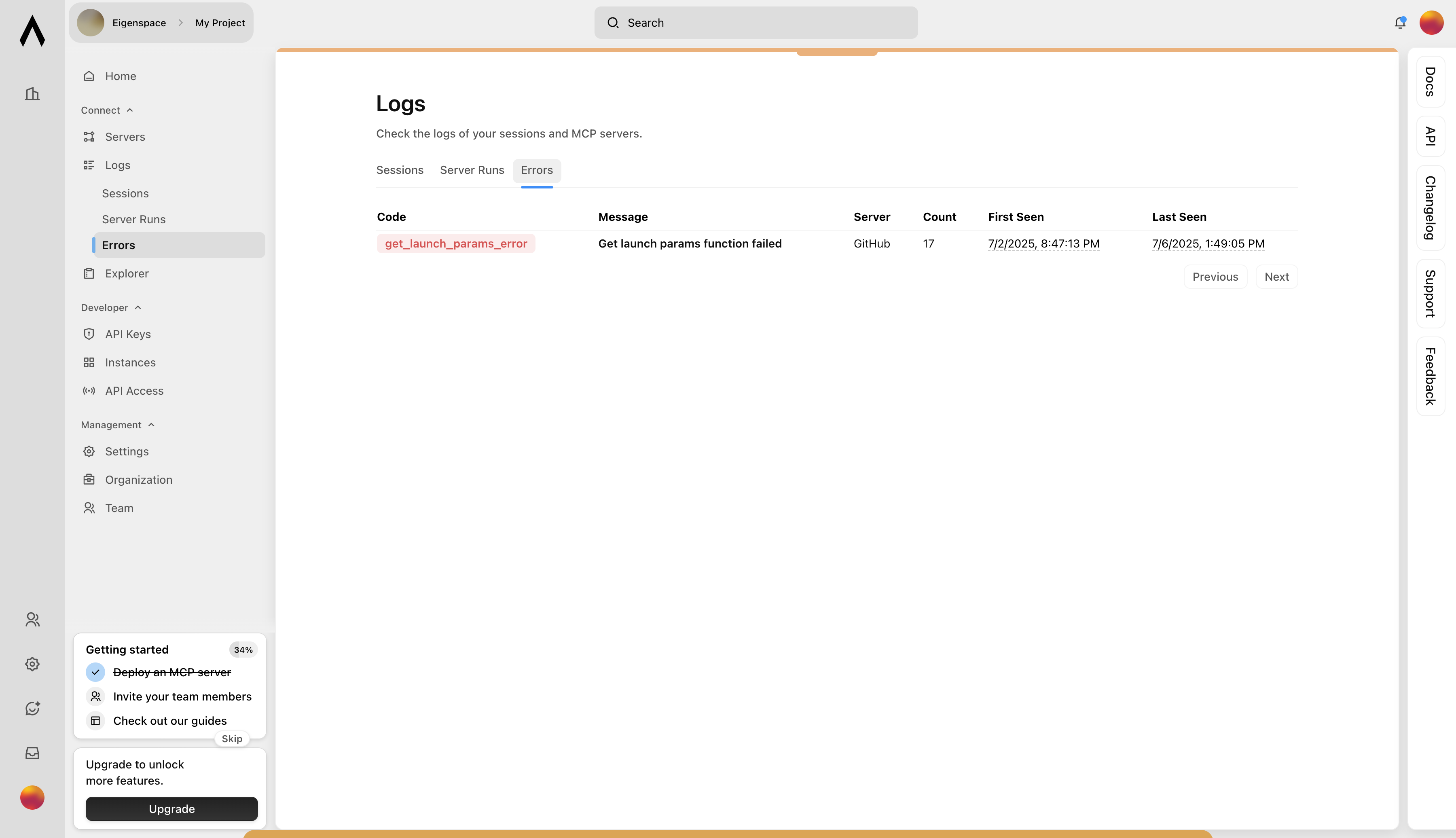 Logged errors for your MCP deployment