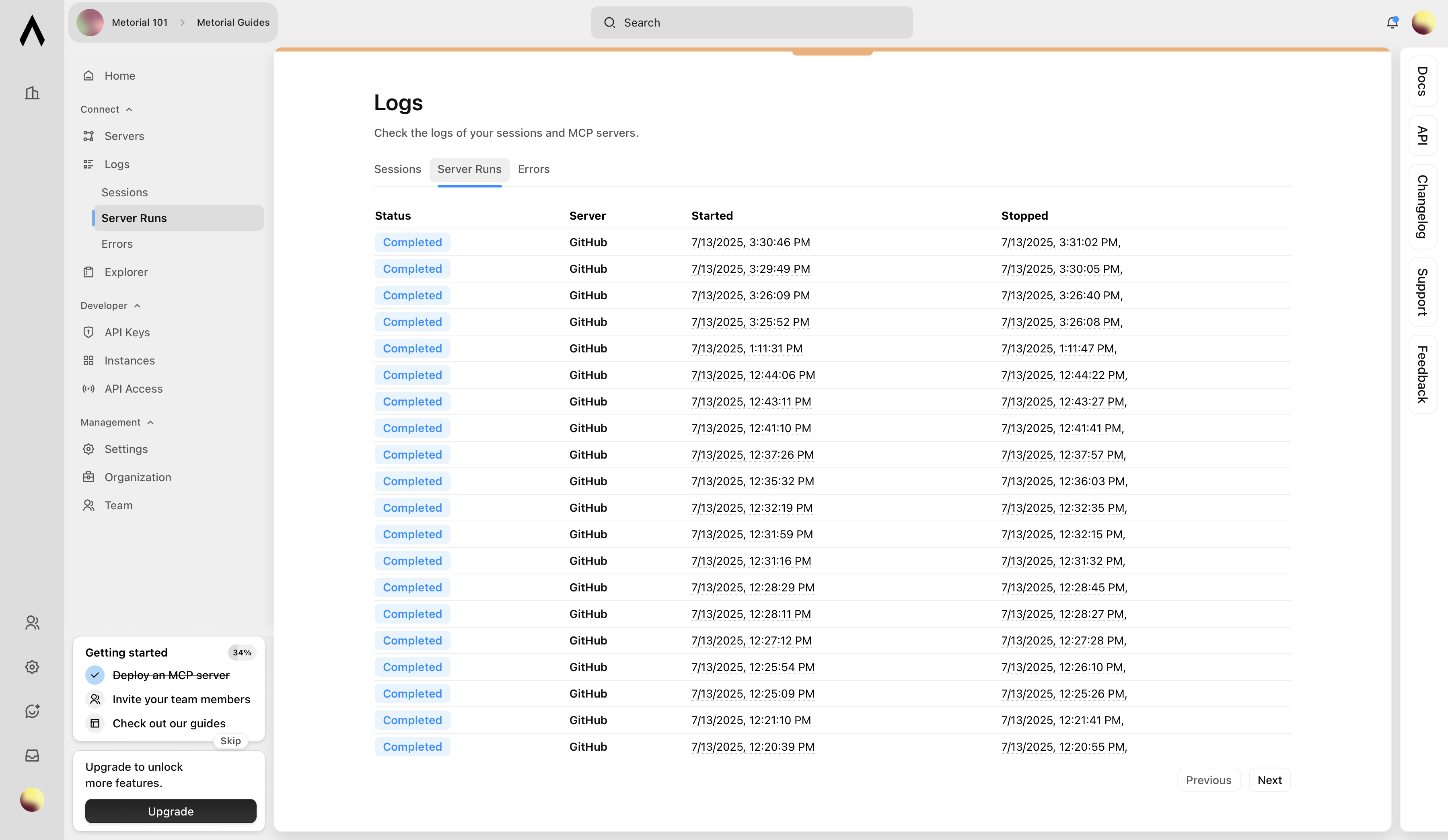 History of MCP server run instances
