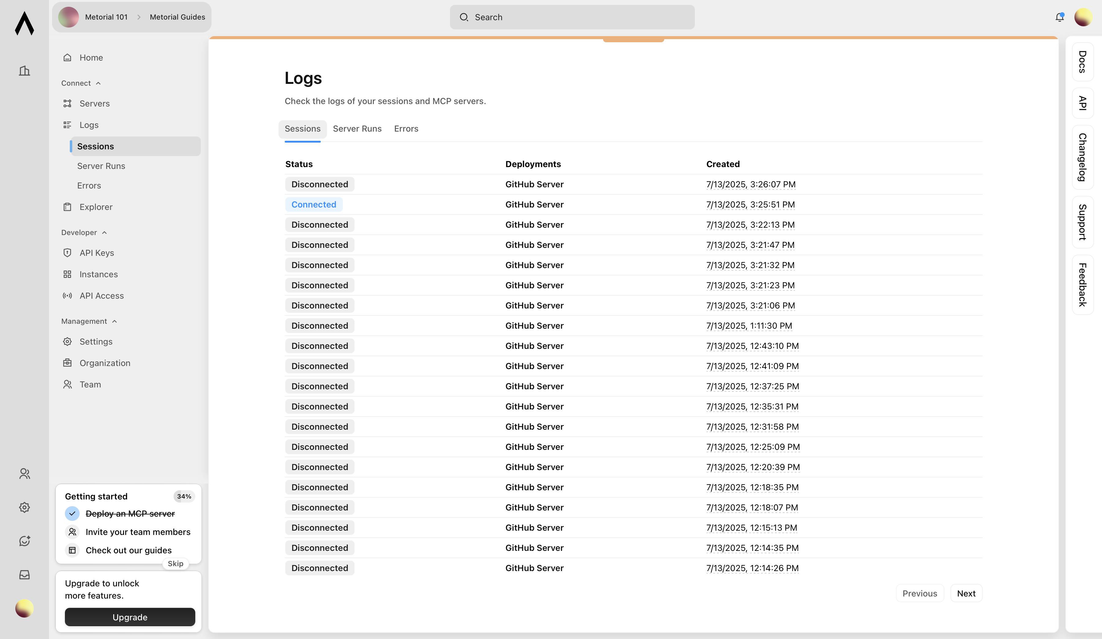 All MCP sessions and their statuses