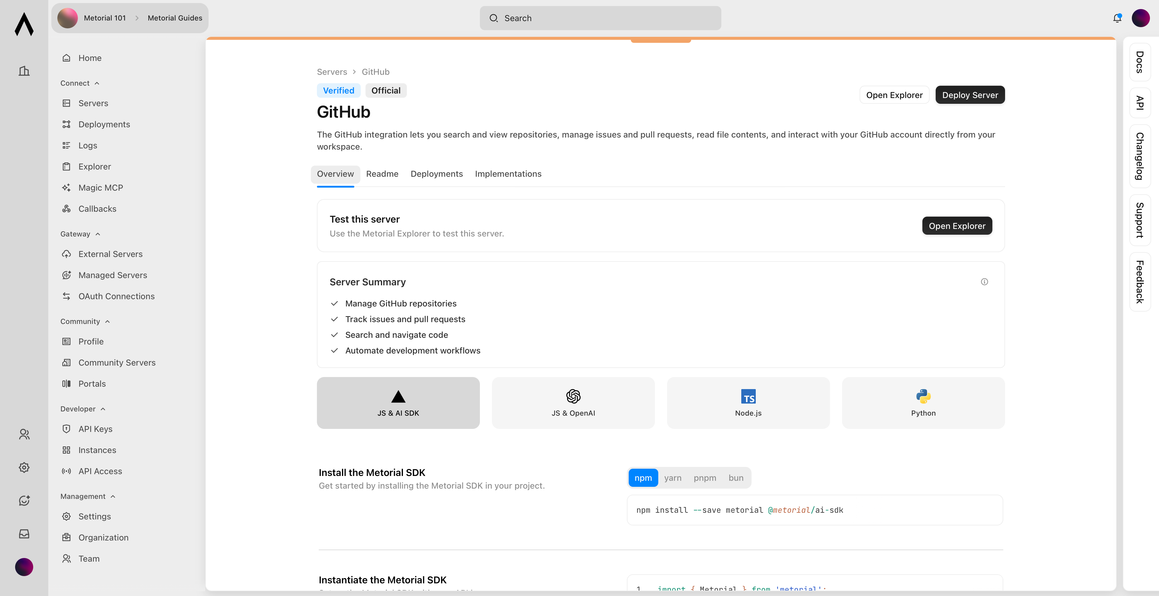 Integration details page showing description and tools
