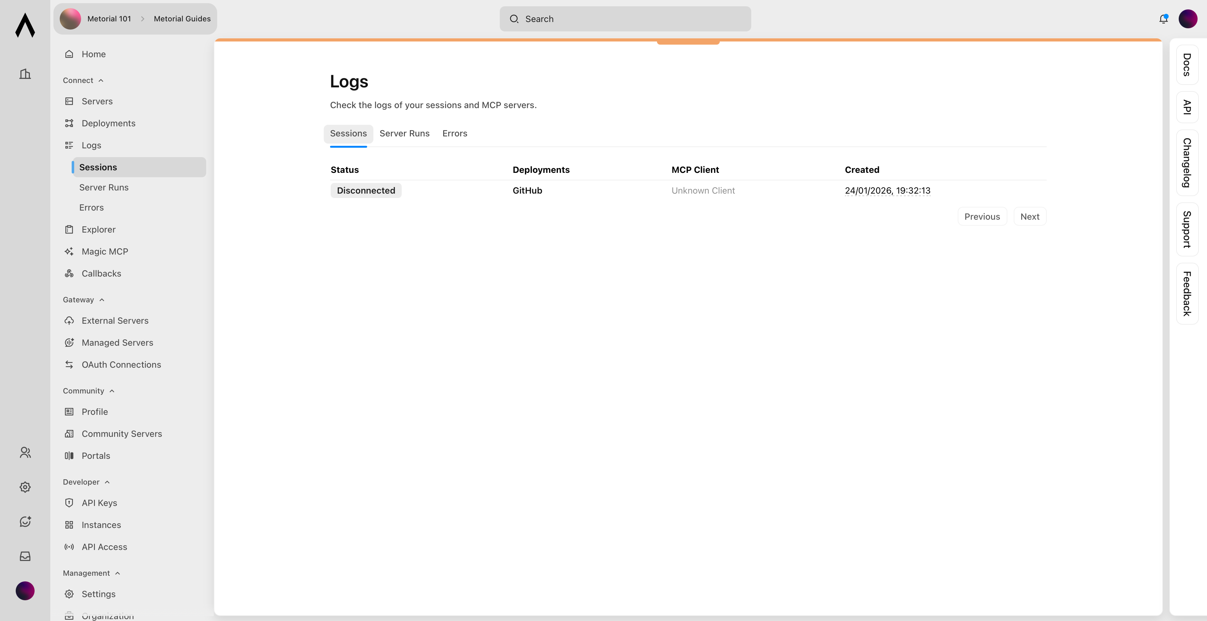 Logs tab showing Sessions view