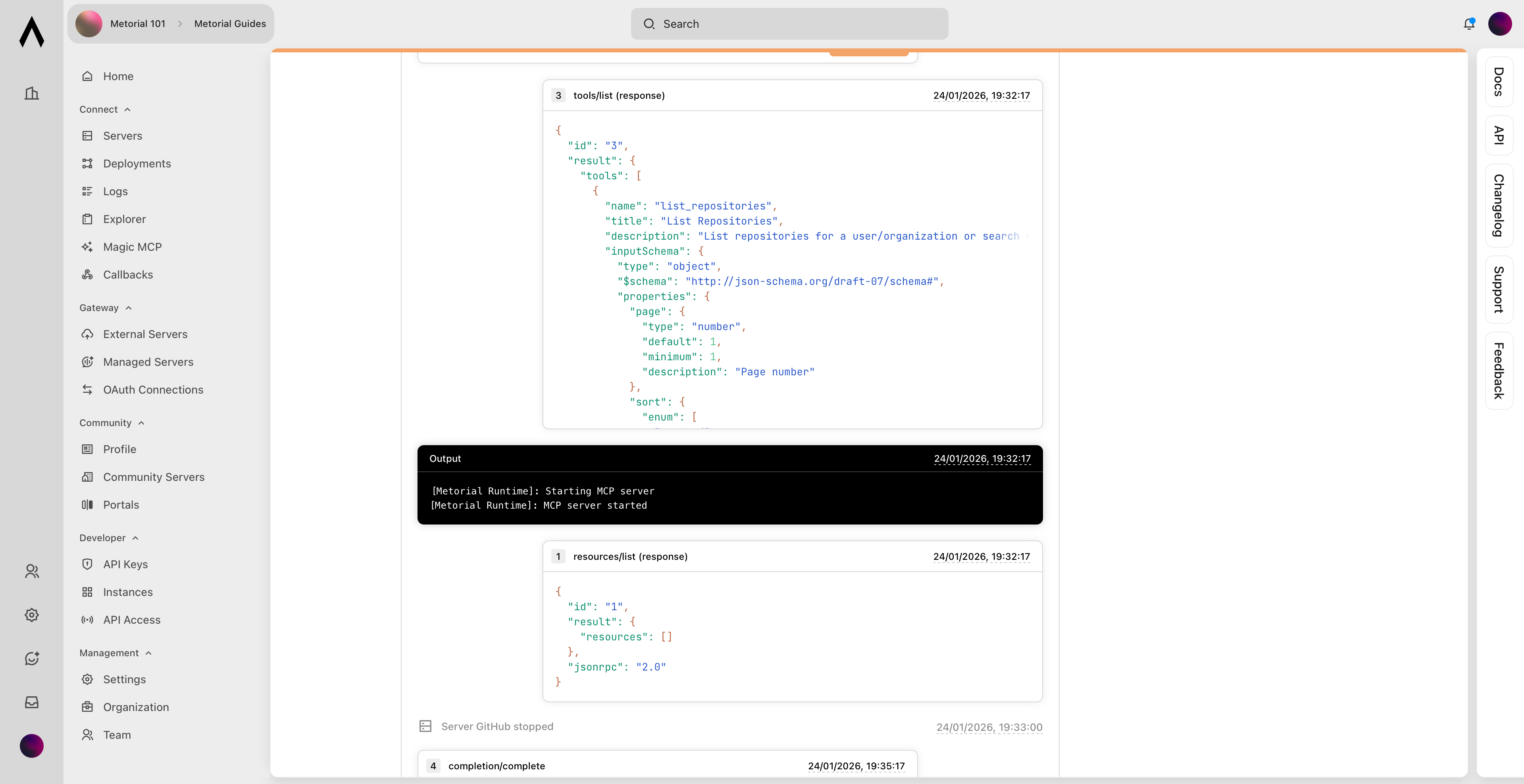 Tool call details with outputs and logs