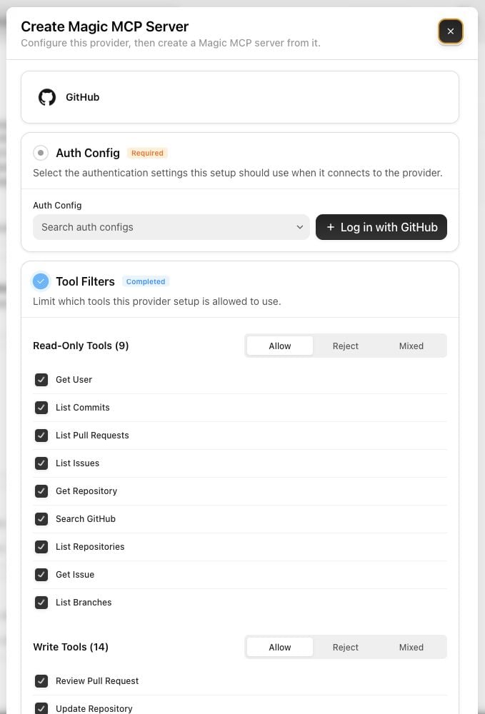 GitHub Magic MCP auth config