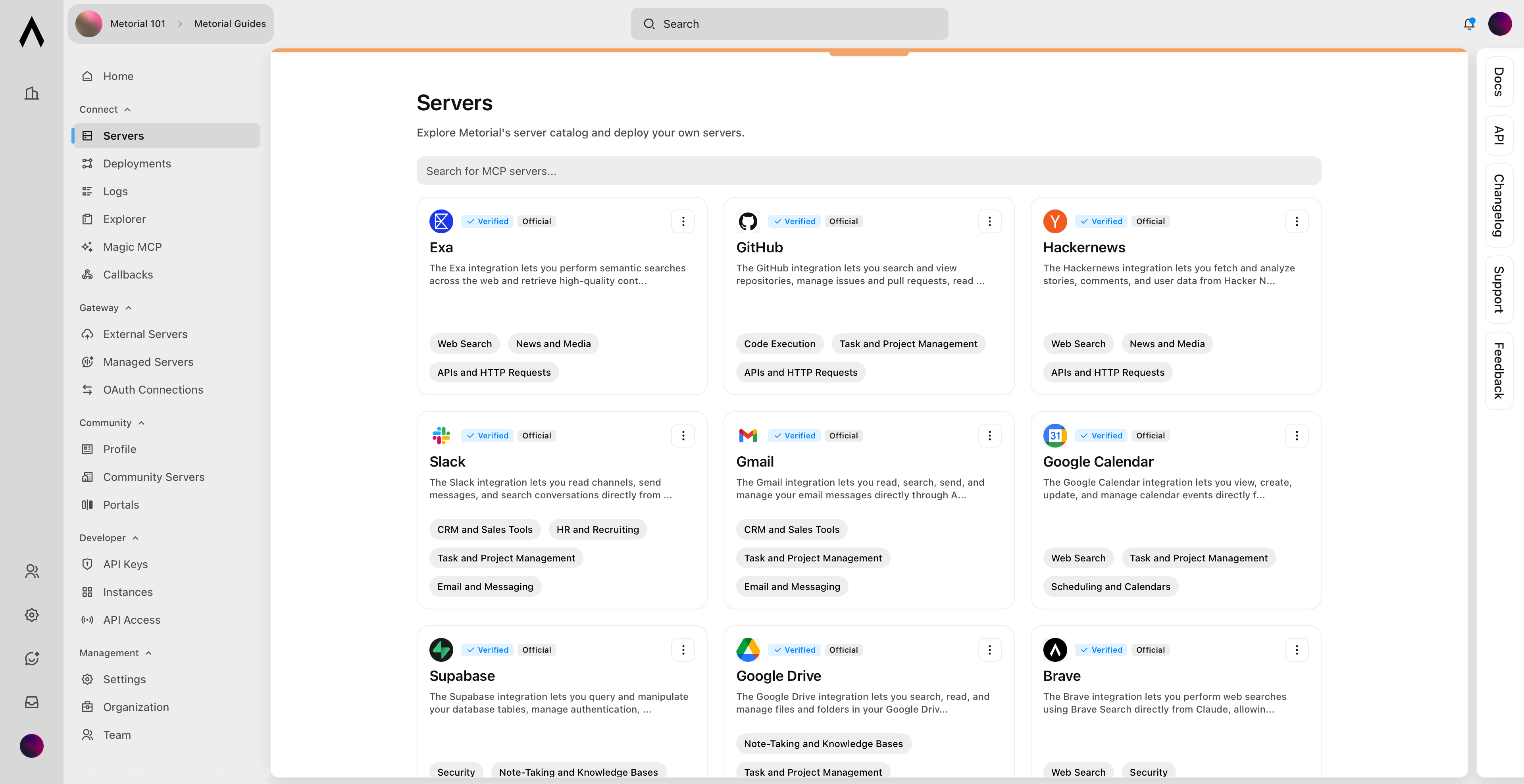 Servers catalog showing available integrations