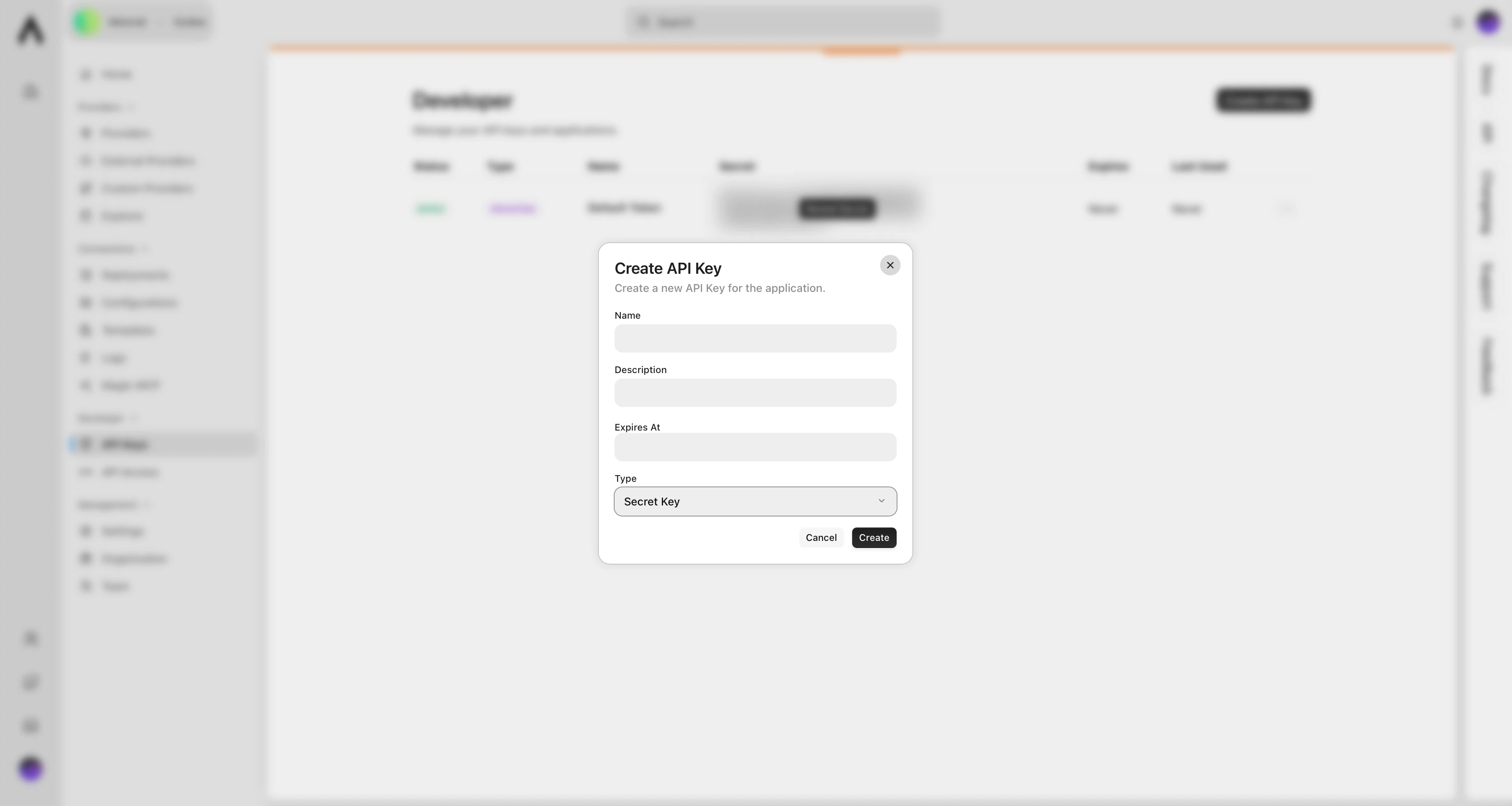 Create API Key dialog in Metorial dashboard