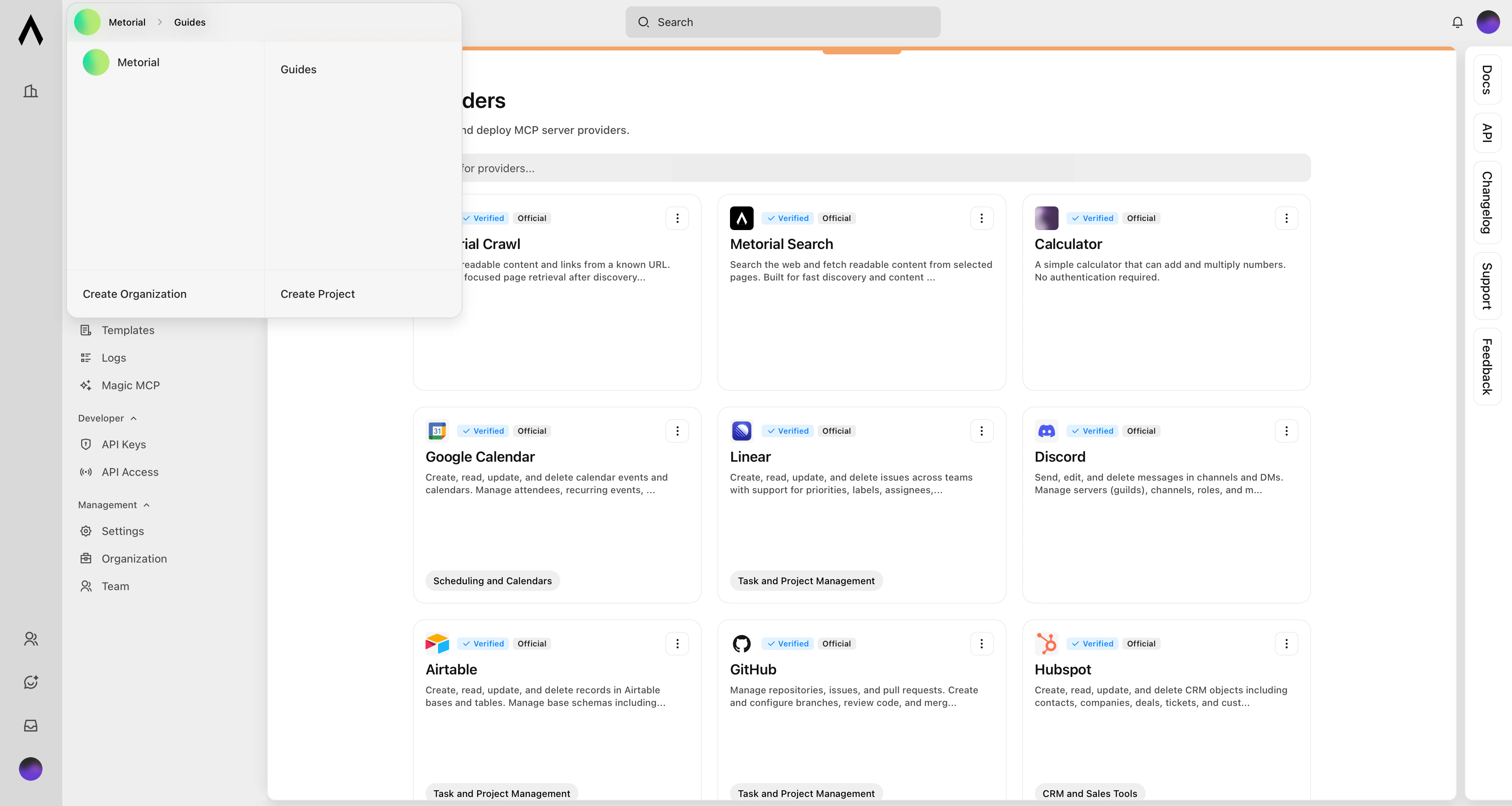 Create additional projects in Metorial