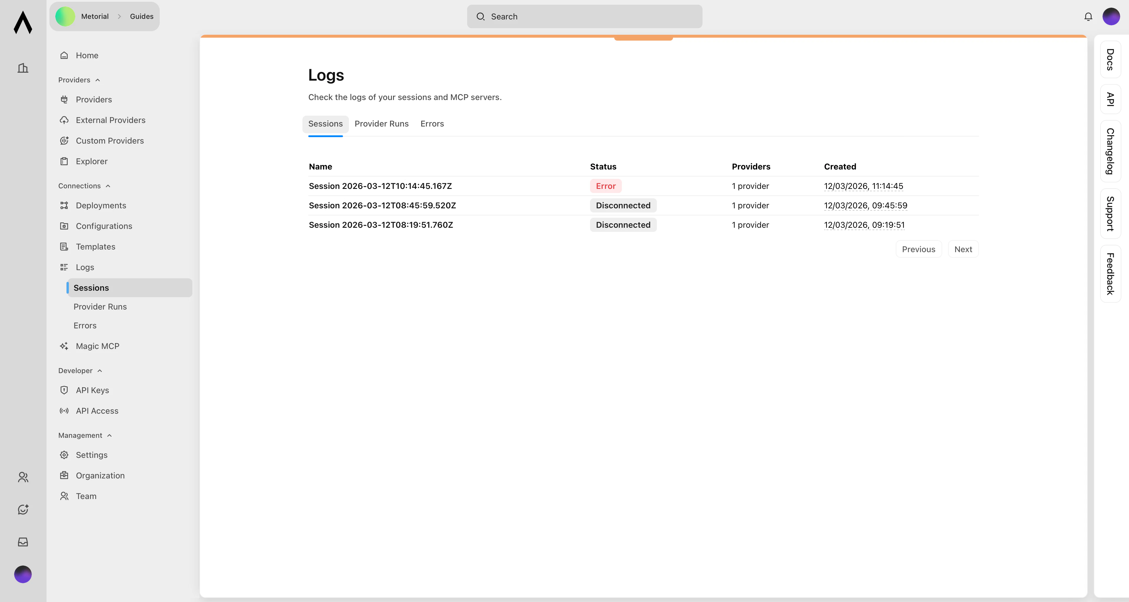 Logs tab showing Sessions view