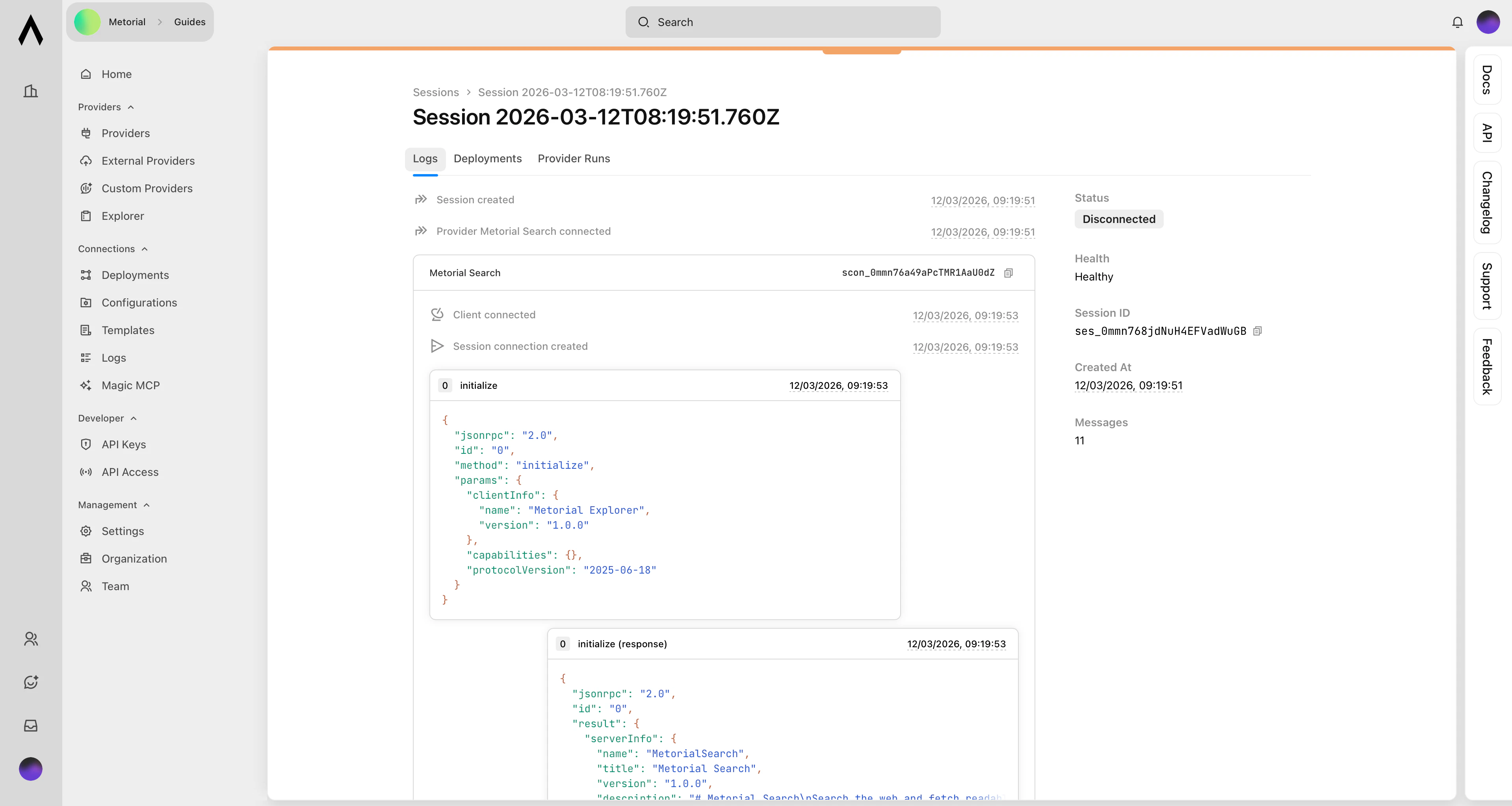 Session detail view with logs
