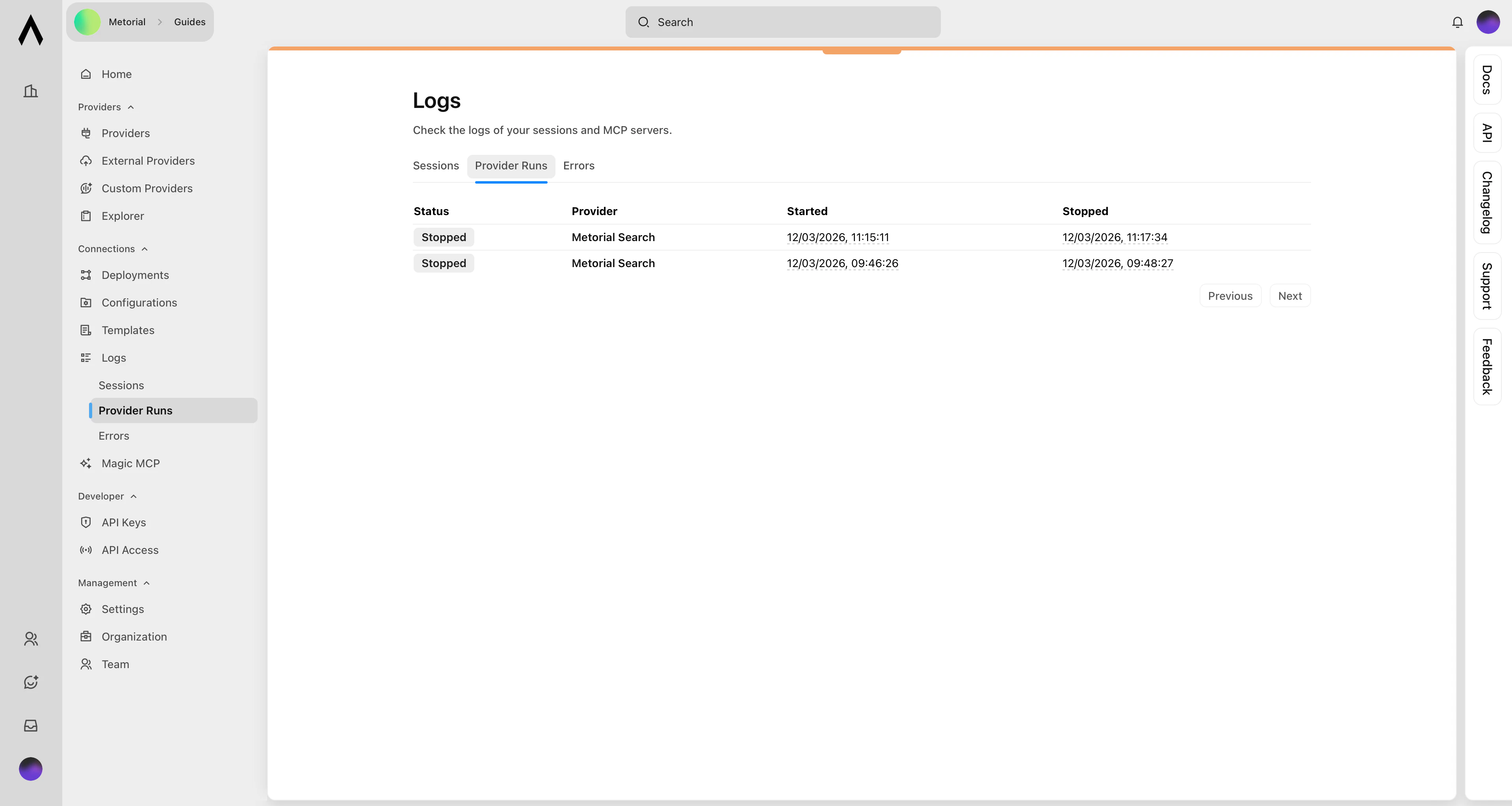 History of provider run instances