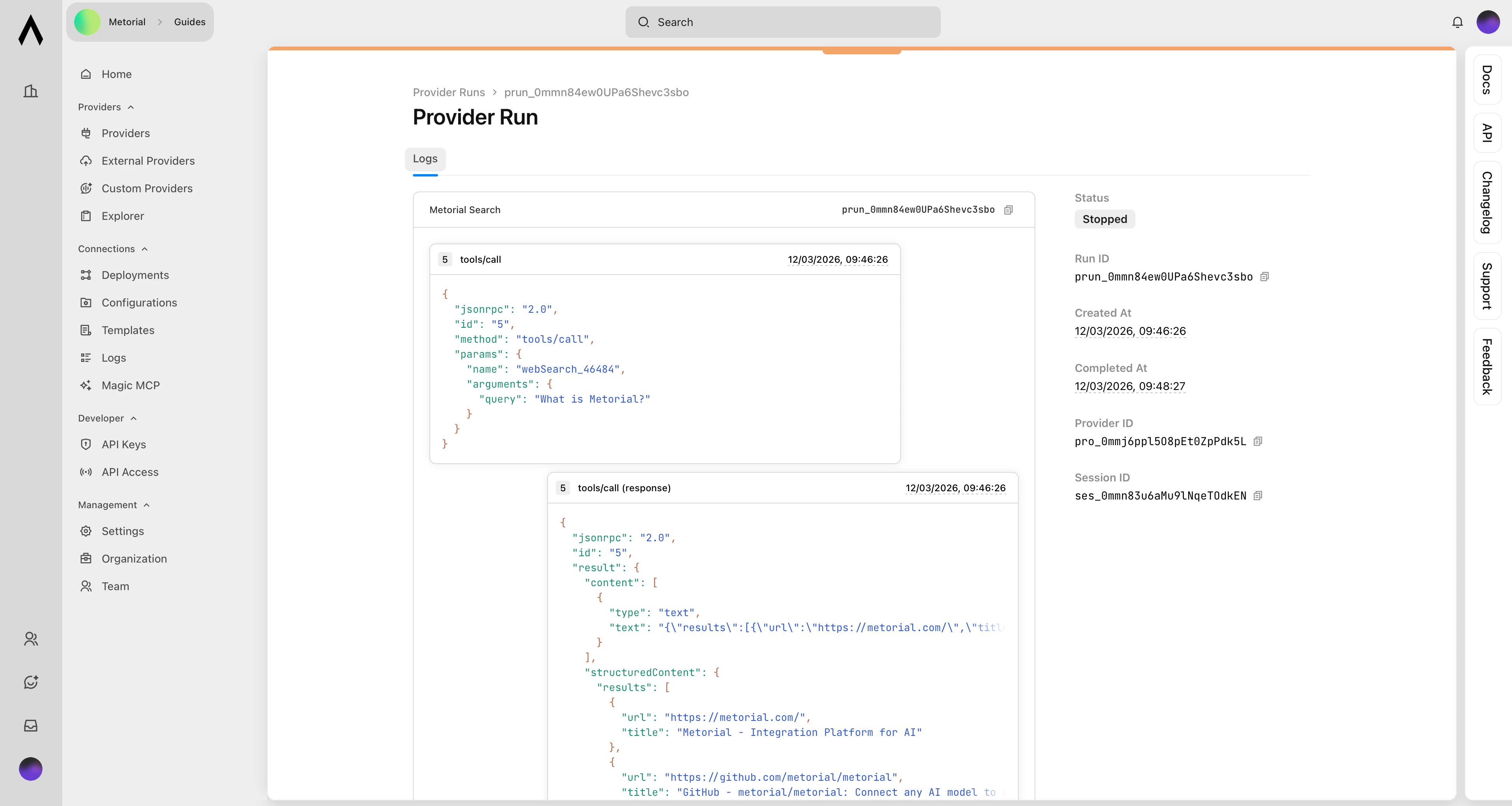 Detailed view for a single MCP run