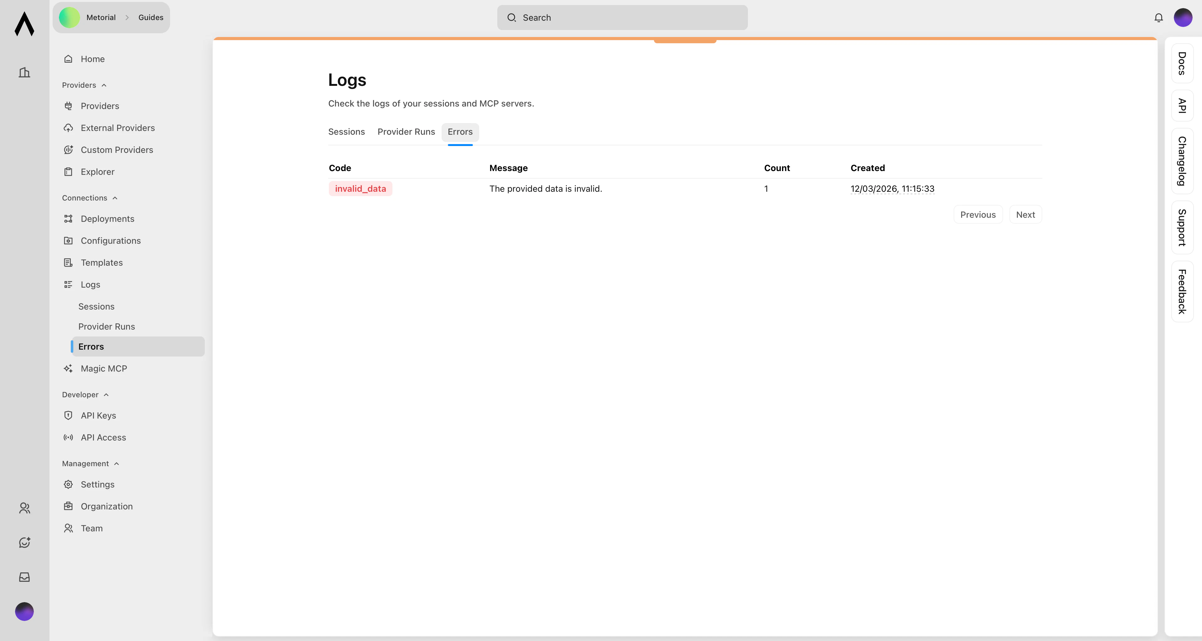 Logged errors for your MCP deployment