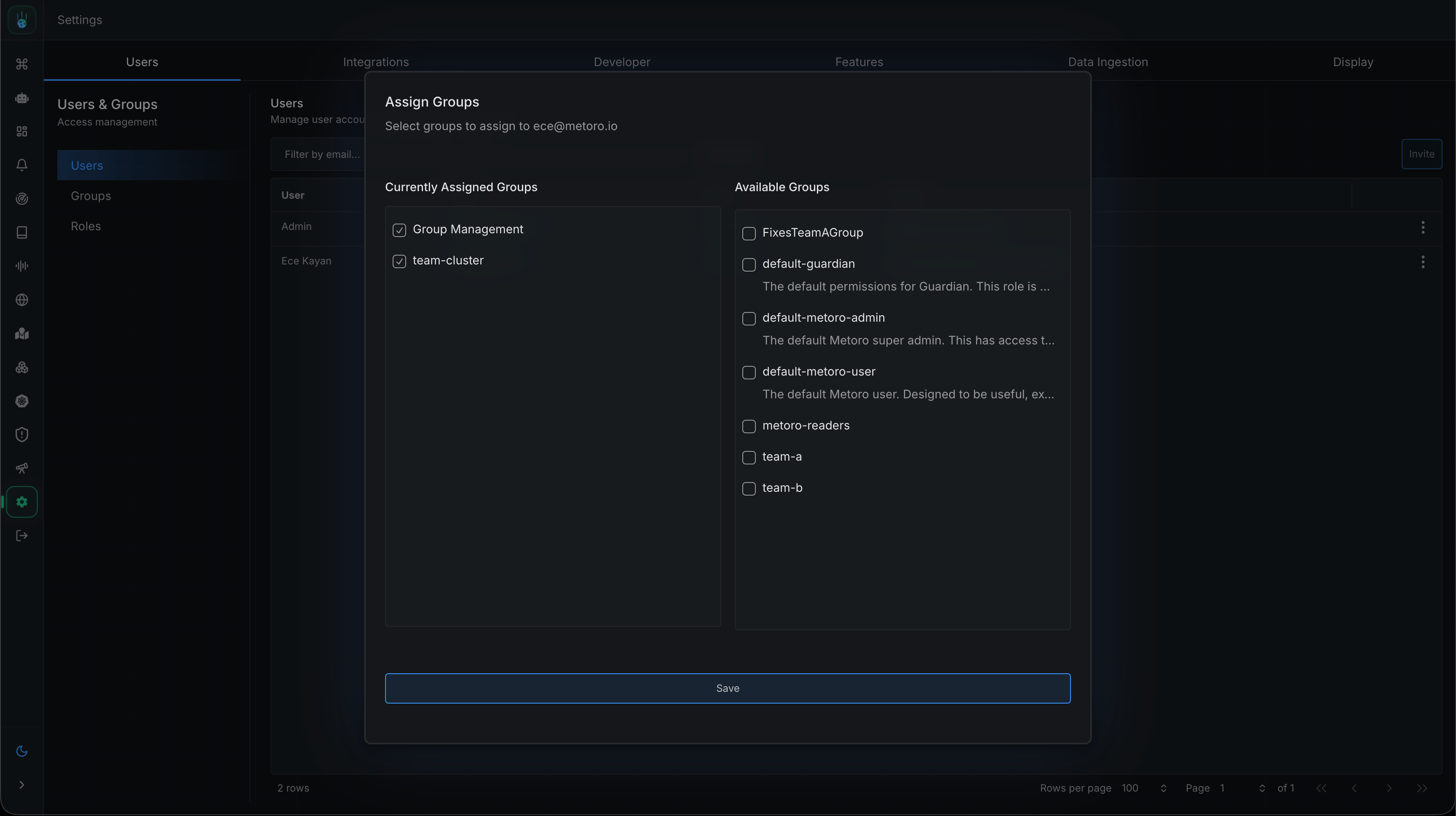 Assign Groups dialog showing currently assigned and available groups