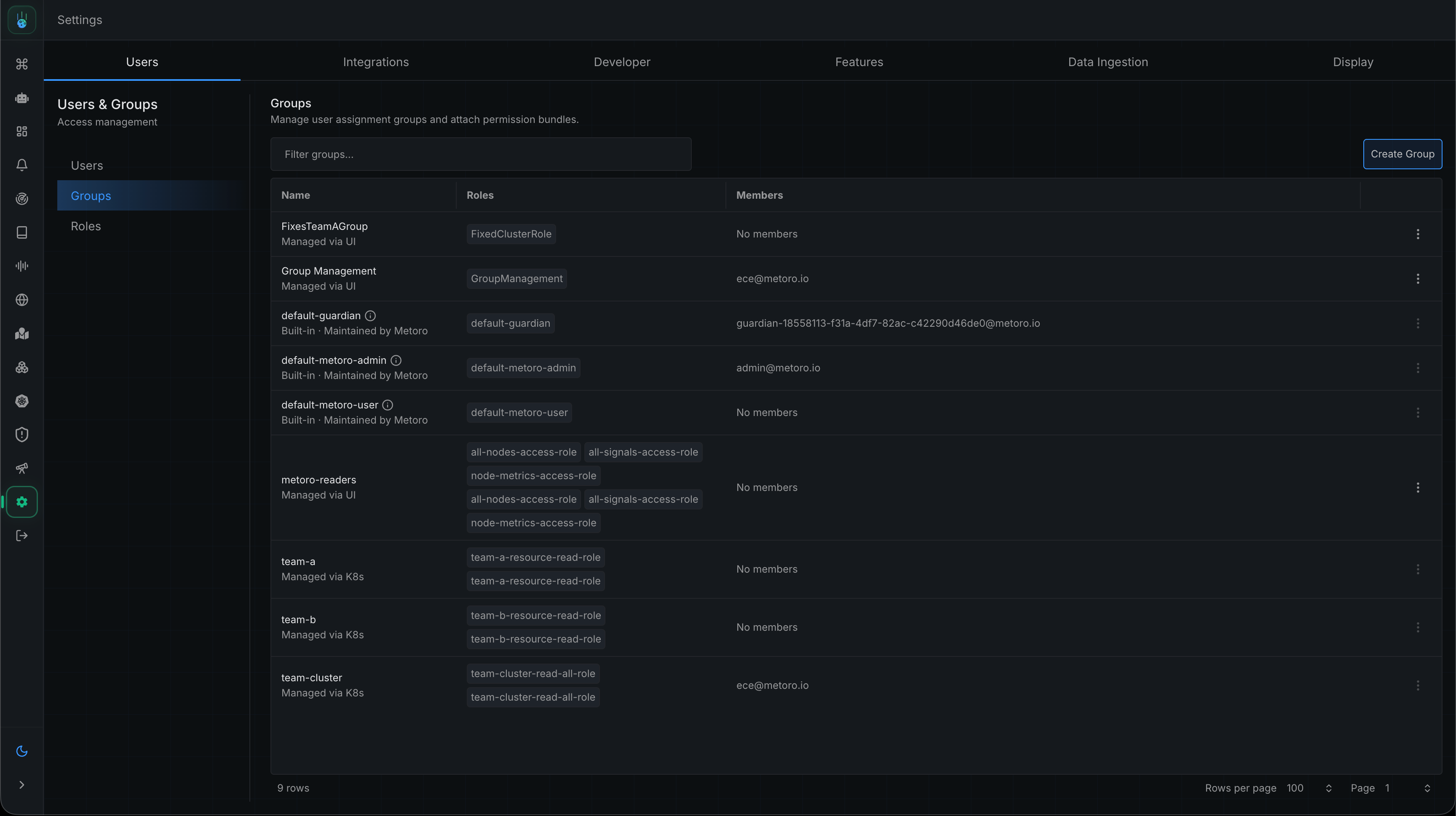 Groups tab listing groups, their bound roles, members, and source
