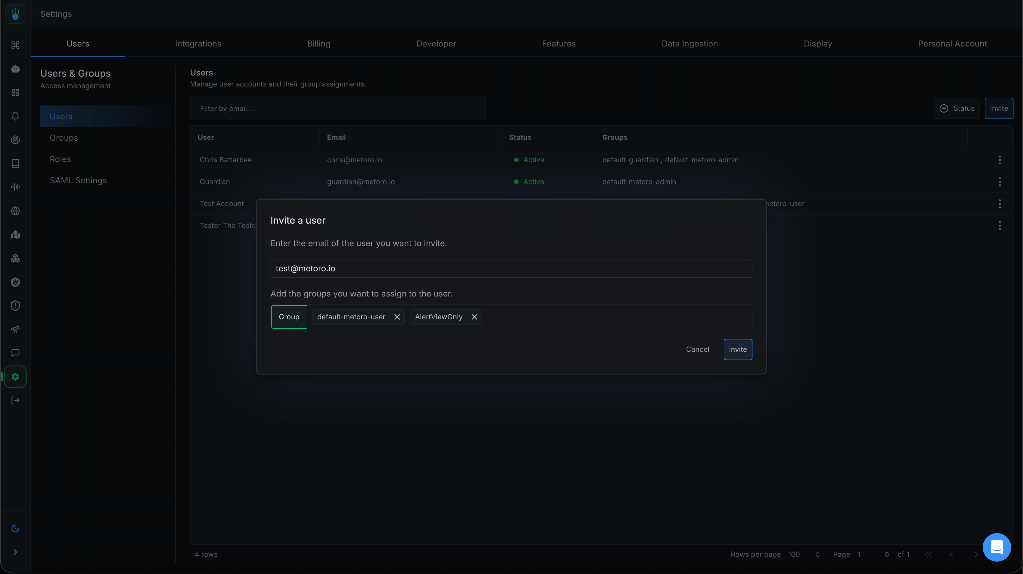 Invite user dialog with email field and group selection