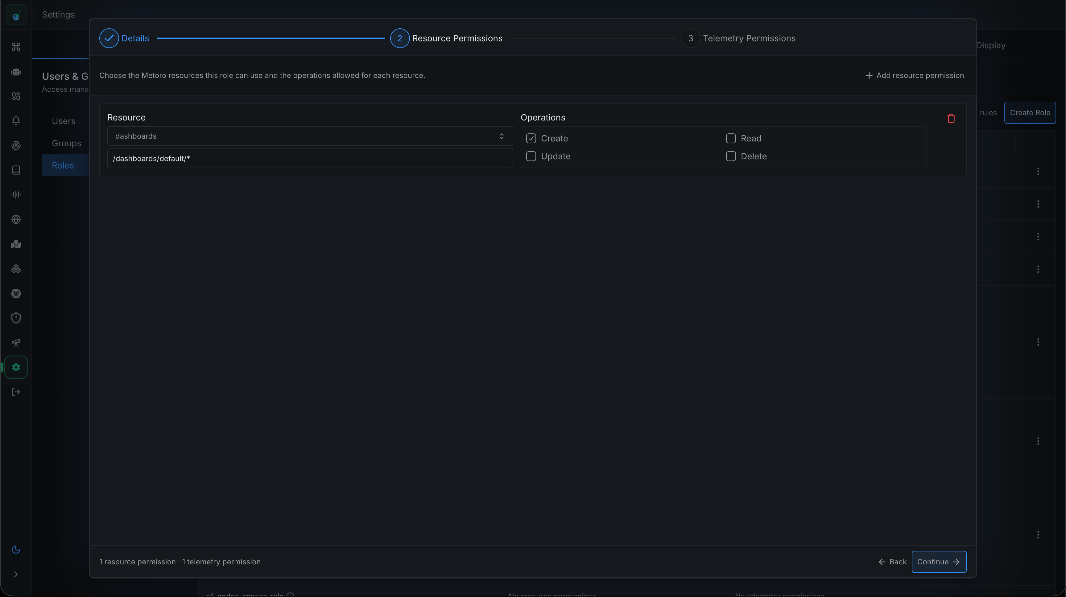 Resource Permissions tab of the role editor, granting a resource type, folder path, and operations