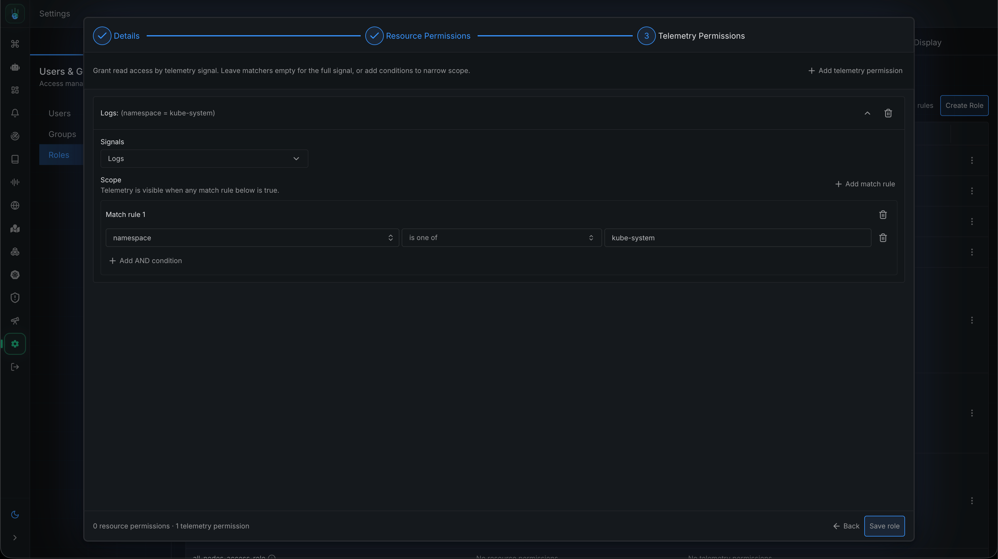 Telemetry Permissions tab granting the logs signal scoped to a namespace with a match rule