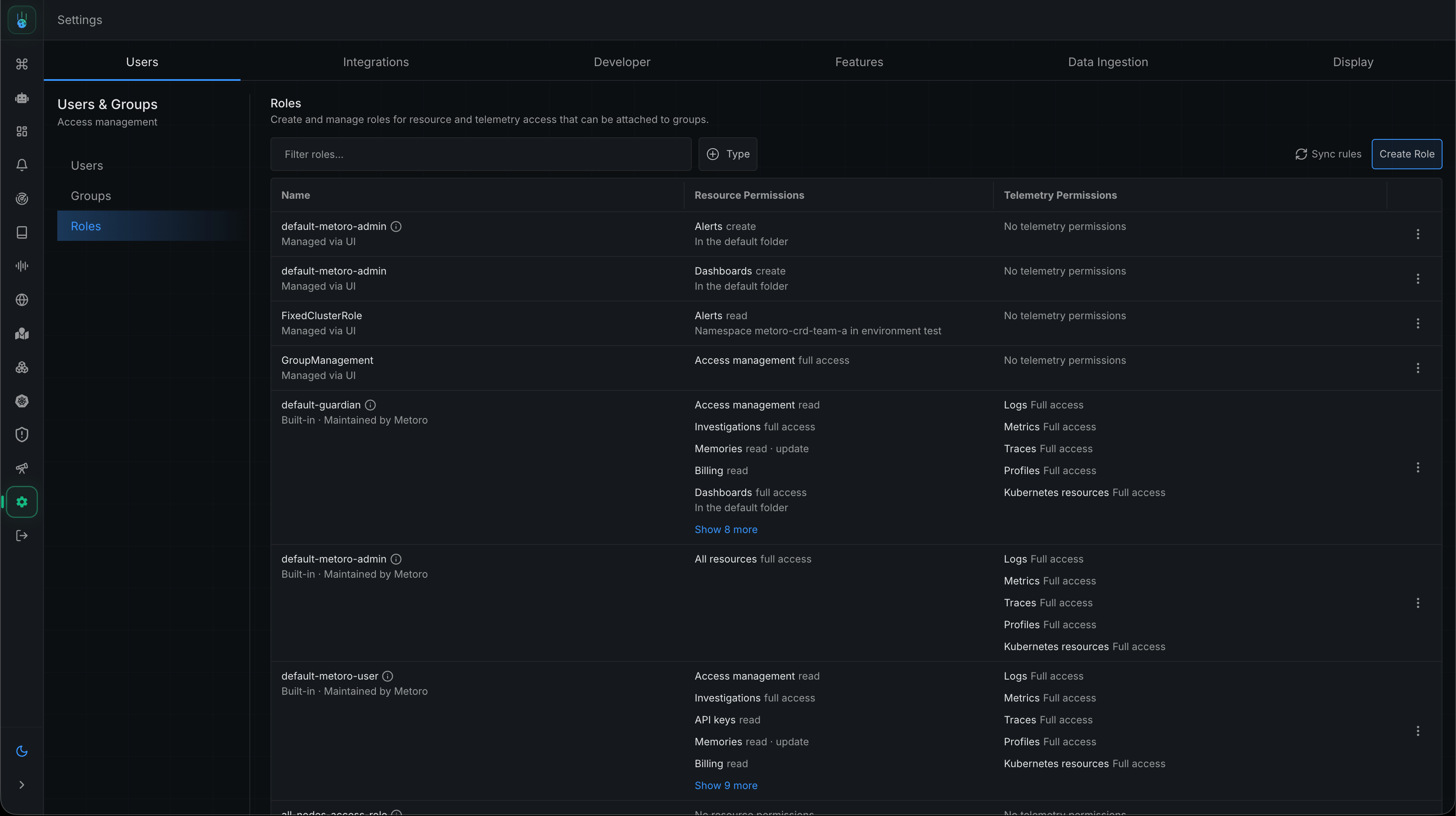 Roles management page with permissions table