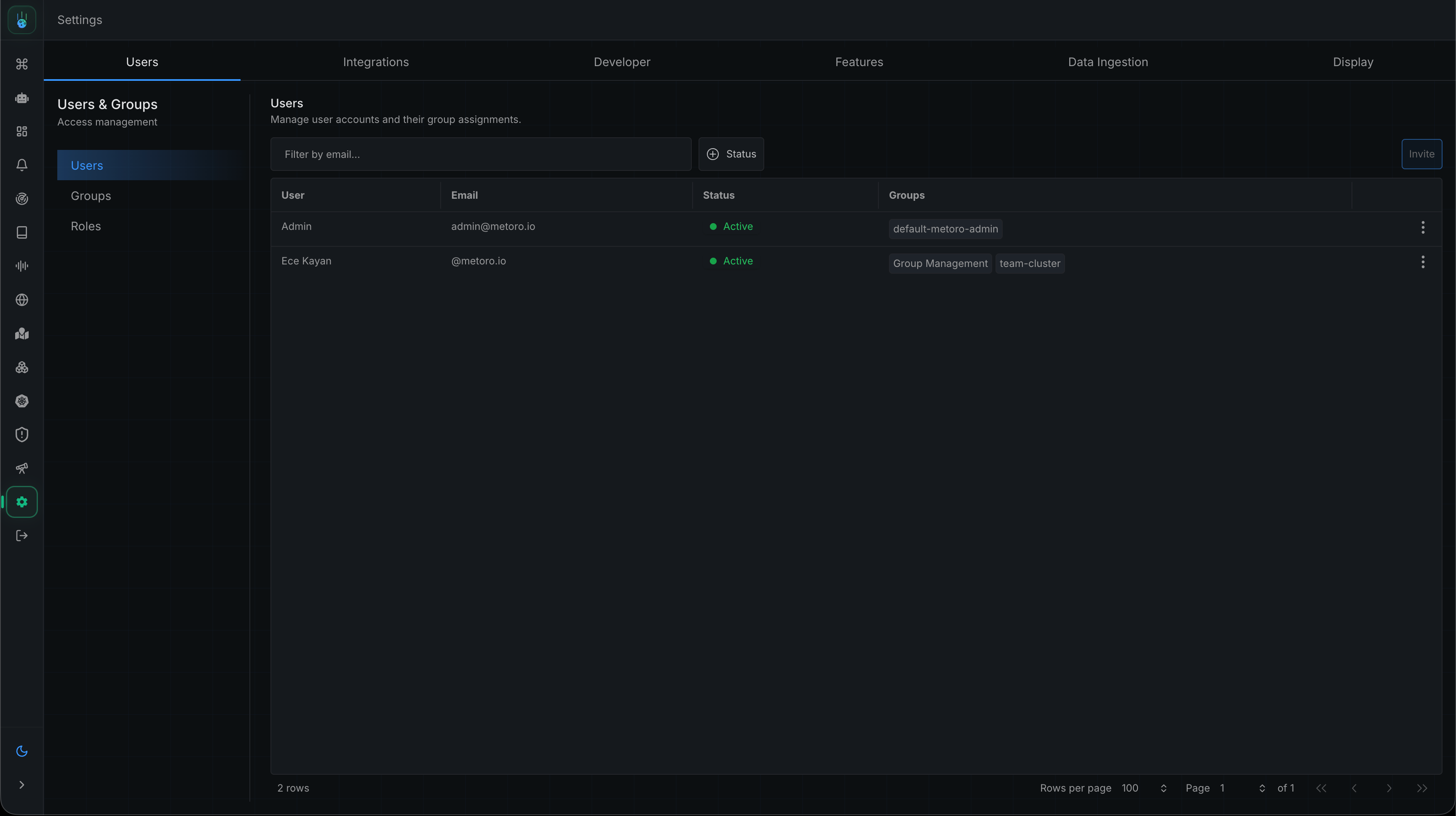 User management page showing team members