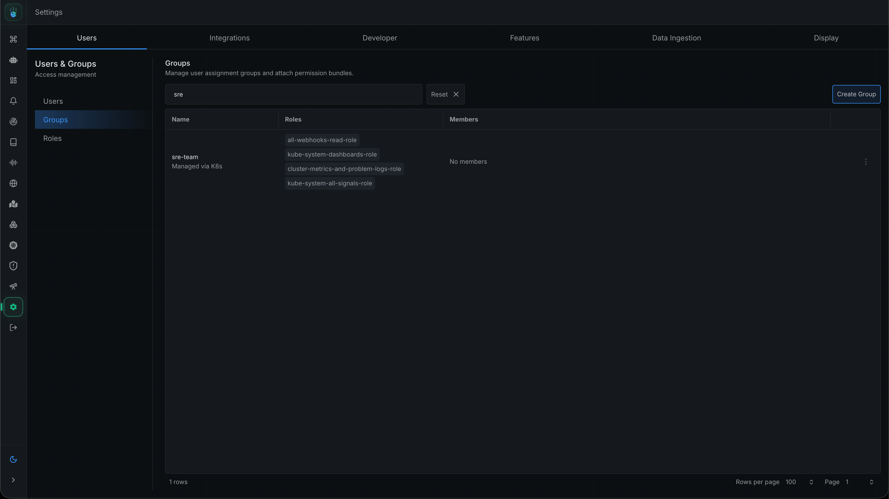Groups tab filtered to sre-team, showing its four Kubernetes-managed roles