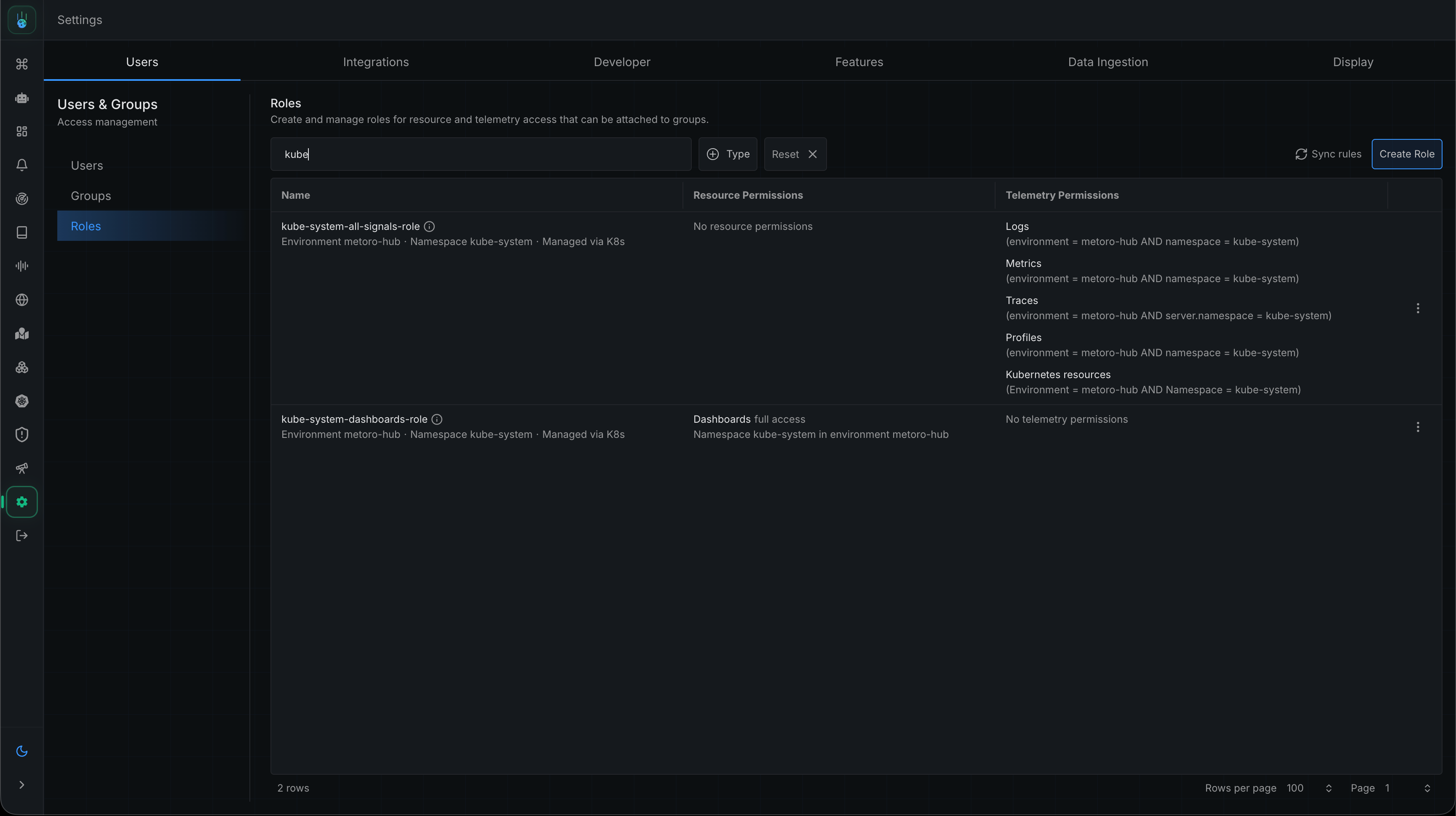 Roles tab showing the managed roles' derived telemetry and resource permissions