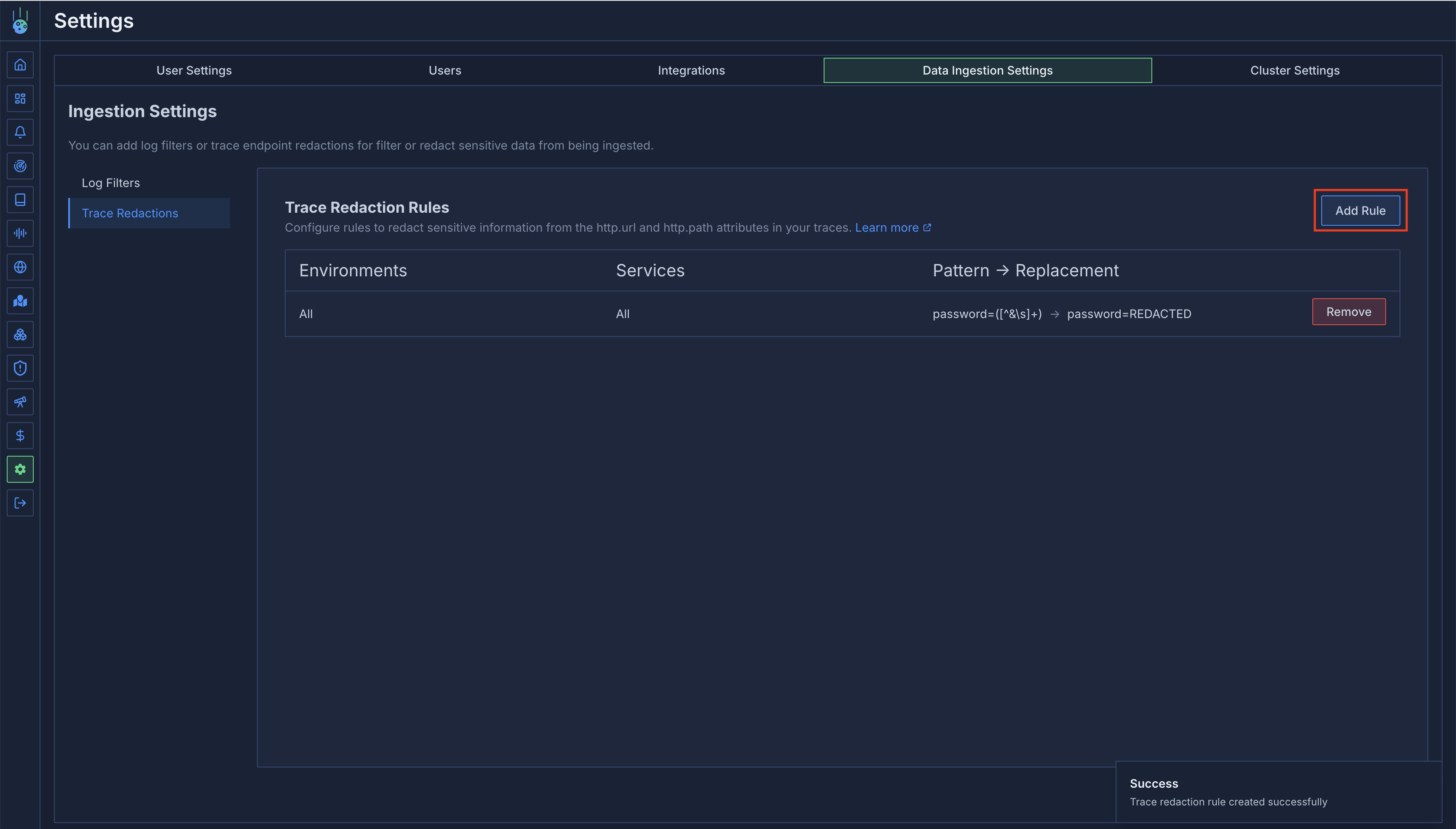 Trace Redaction Settings