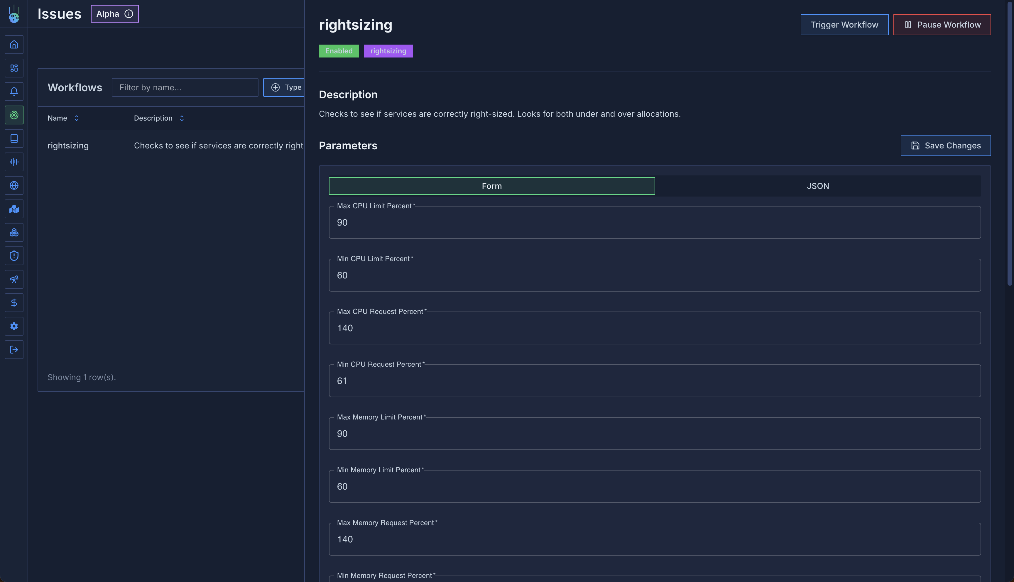 Workflow settings interface