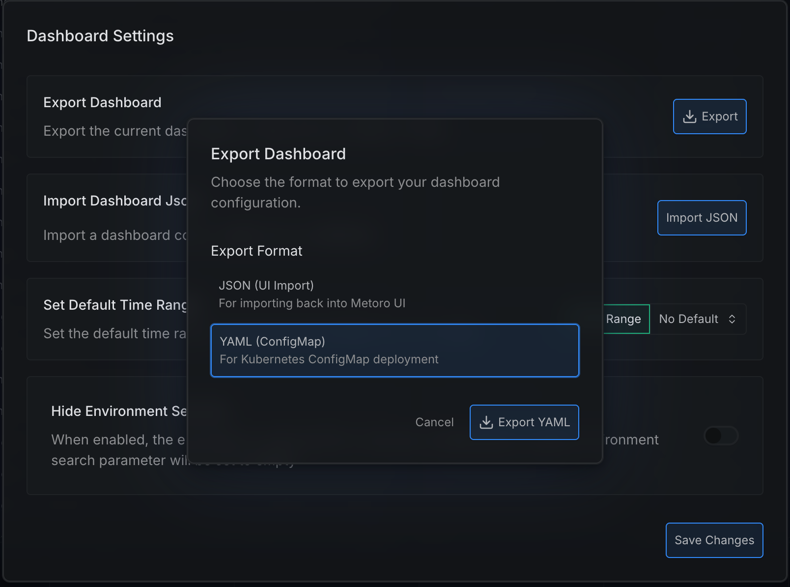 Export dashboard as YAML