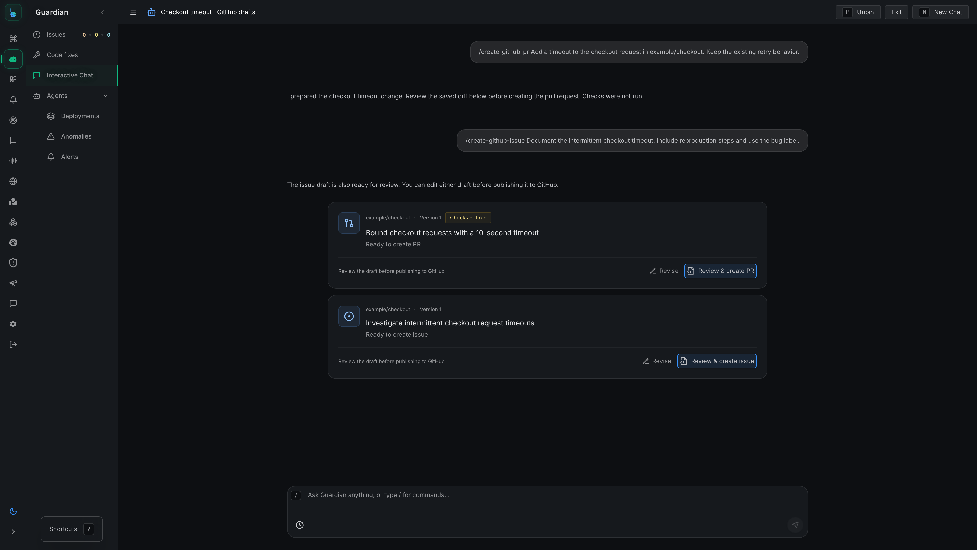 Pull request and issue drafts in a Guardian conversation