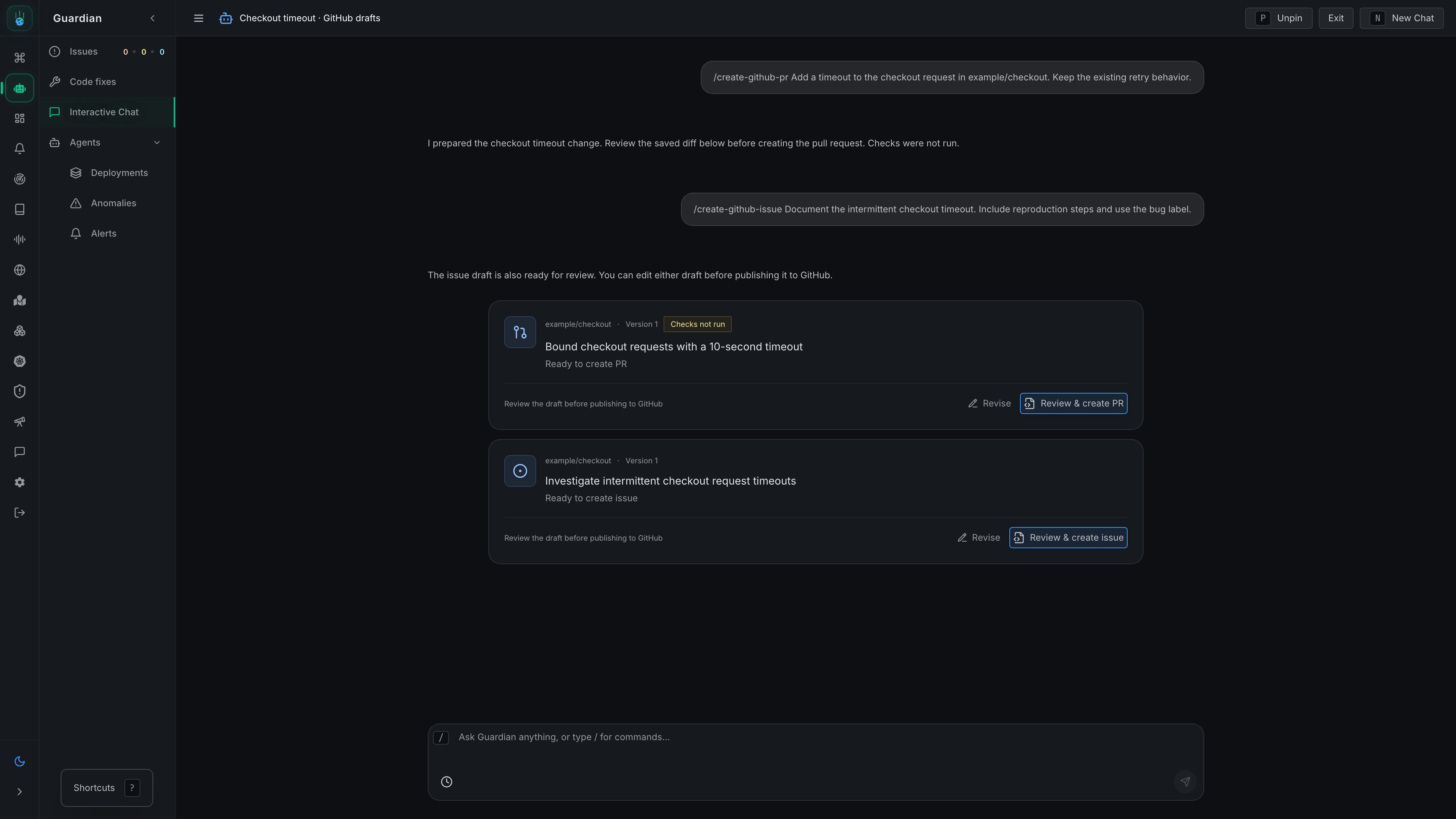 Pull request and issue drafts in a Guardian conversation