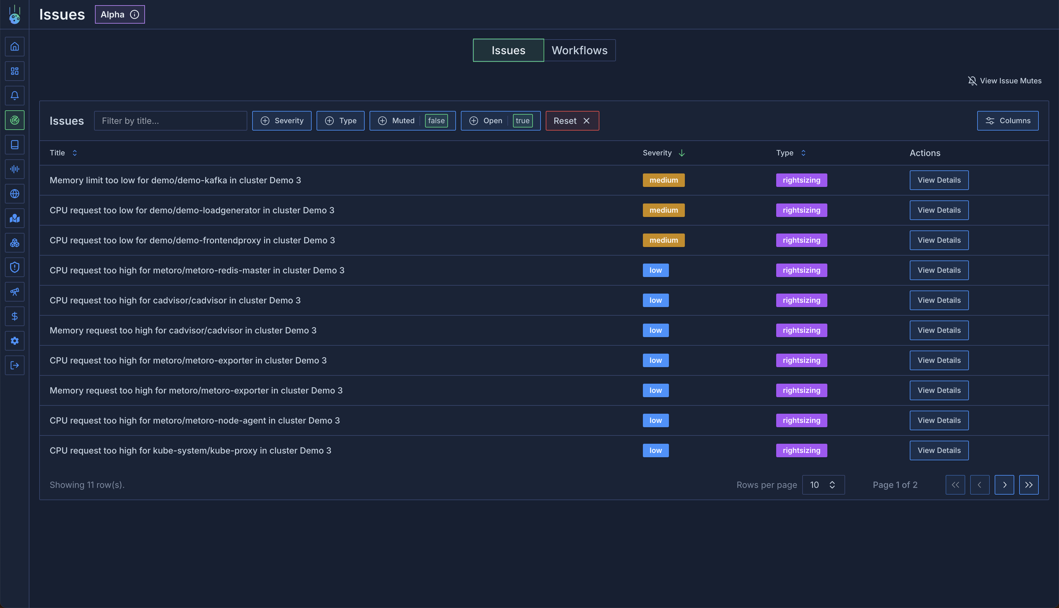 Issues view interface