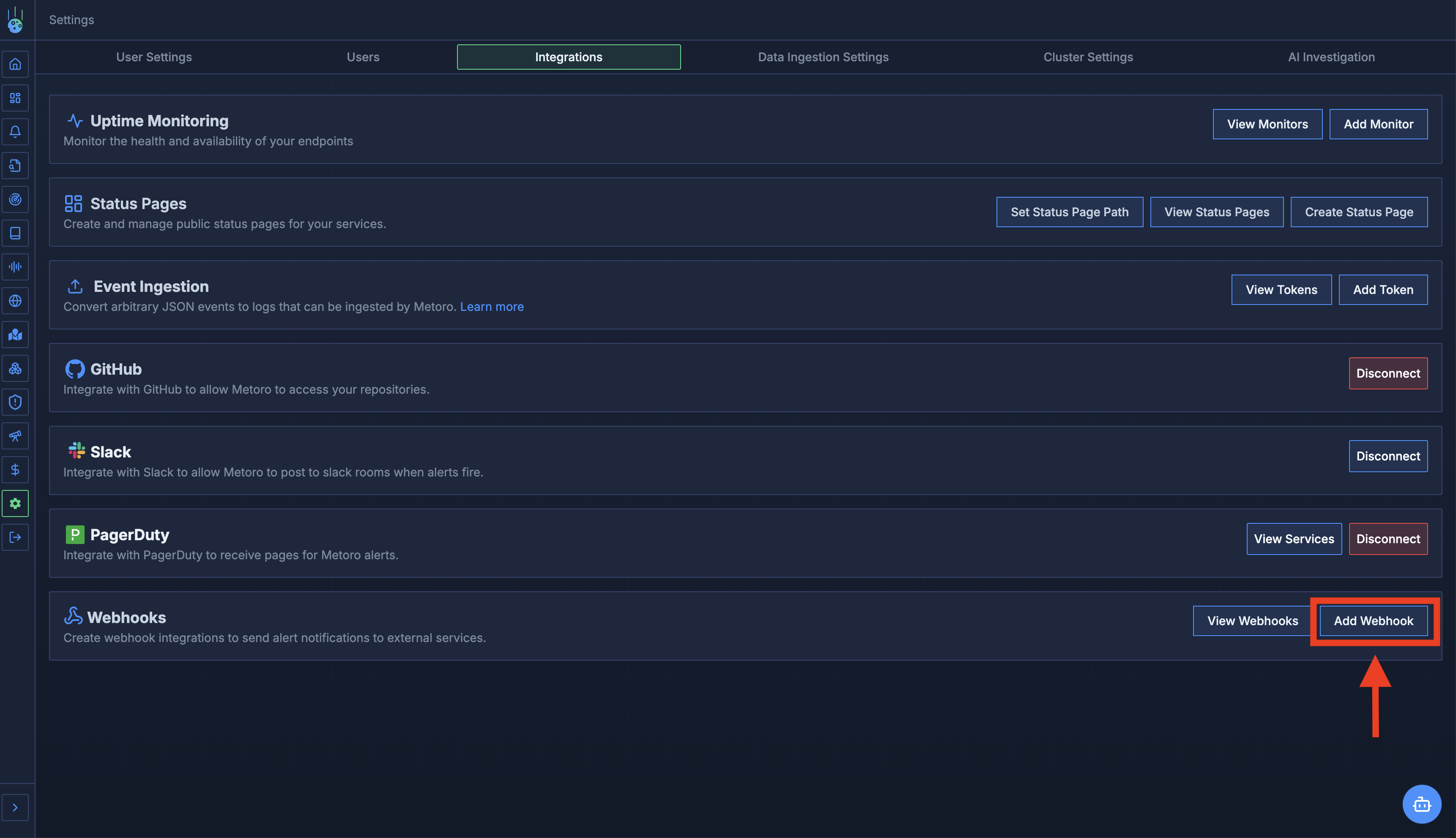 Metoro add Webhook button