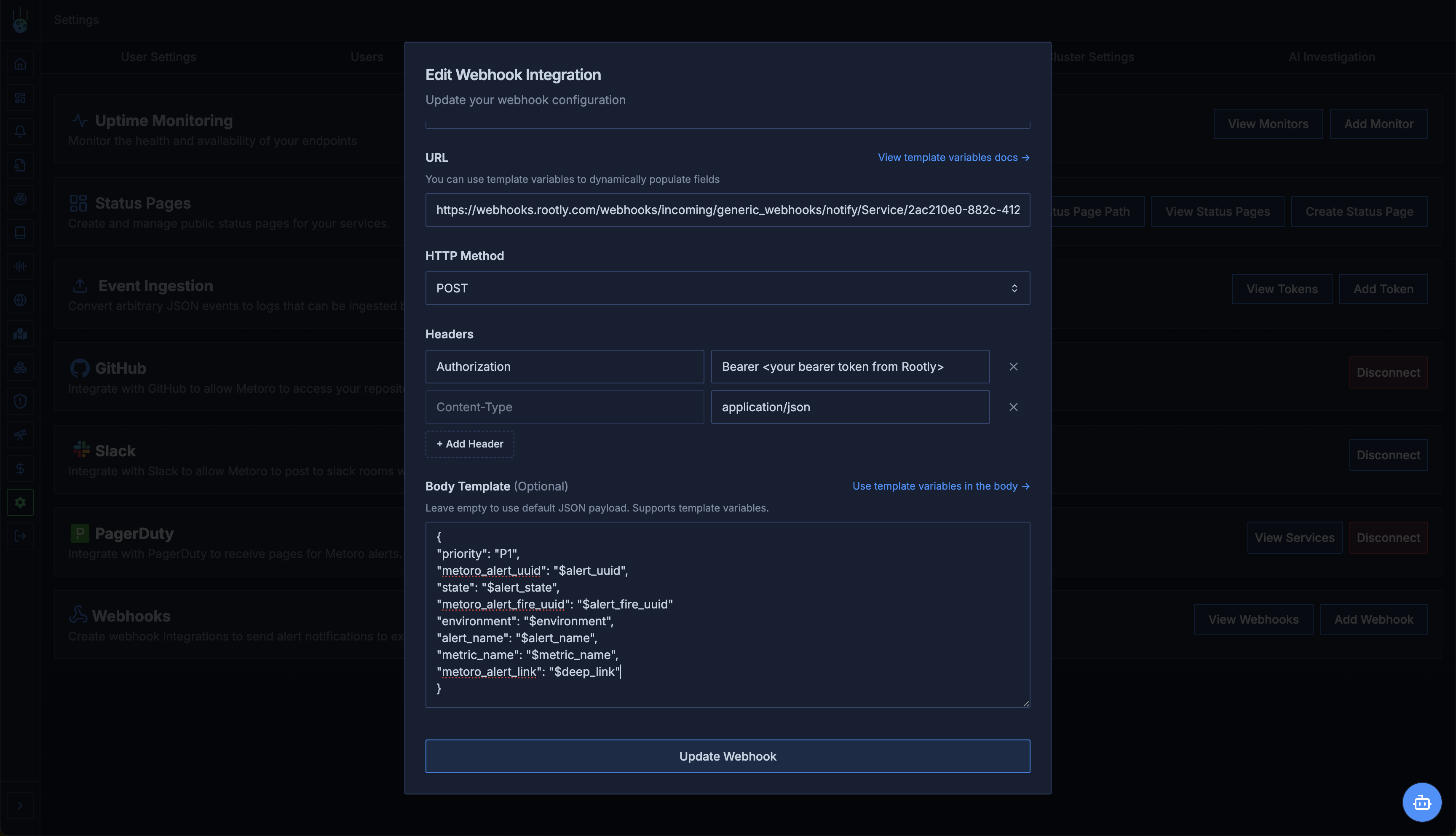 Filled Metoro Webhook Configuration