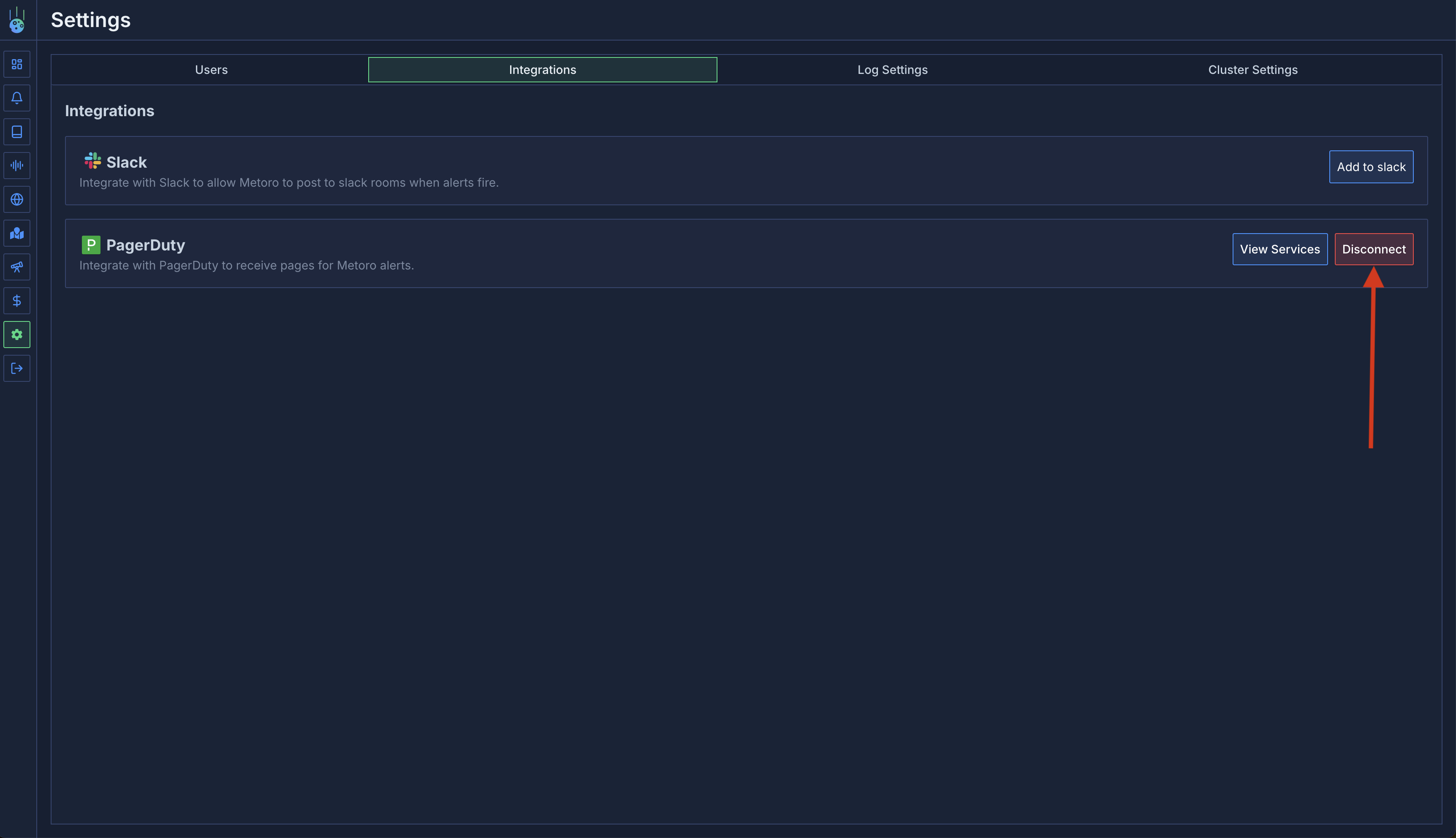 Settings Integrations showing PagerDuty with Disconnect button highlighted by arrow