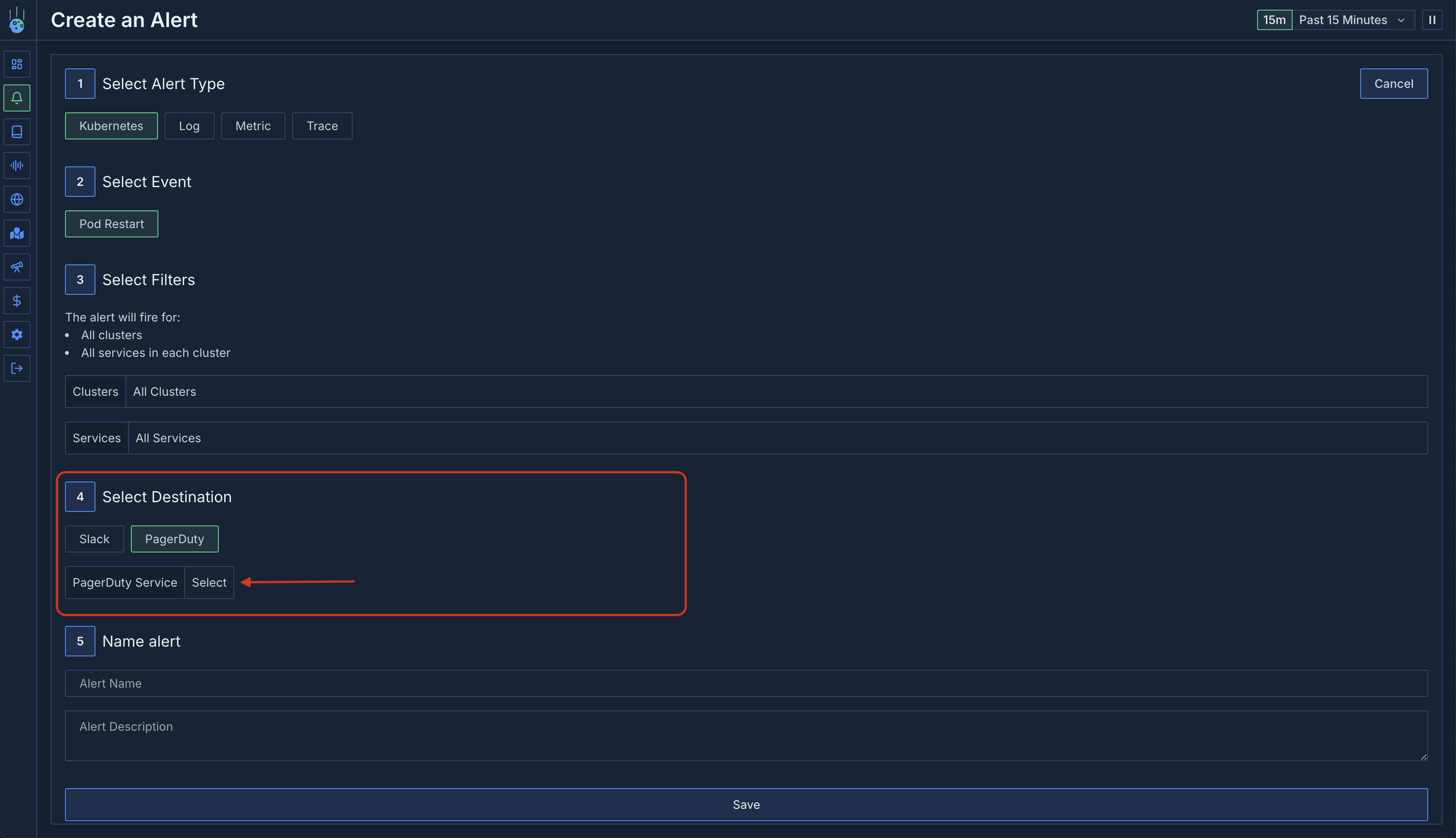 Create Alert wizard with PagerDuty selected as destination and service selector dropdown
