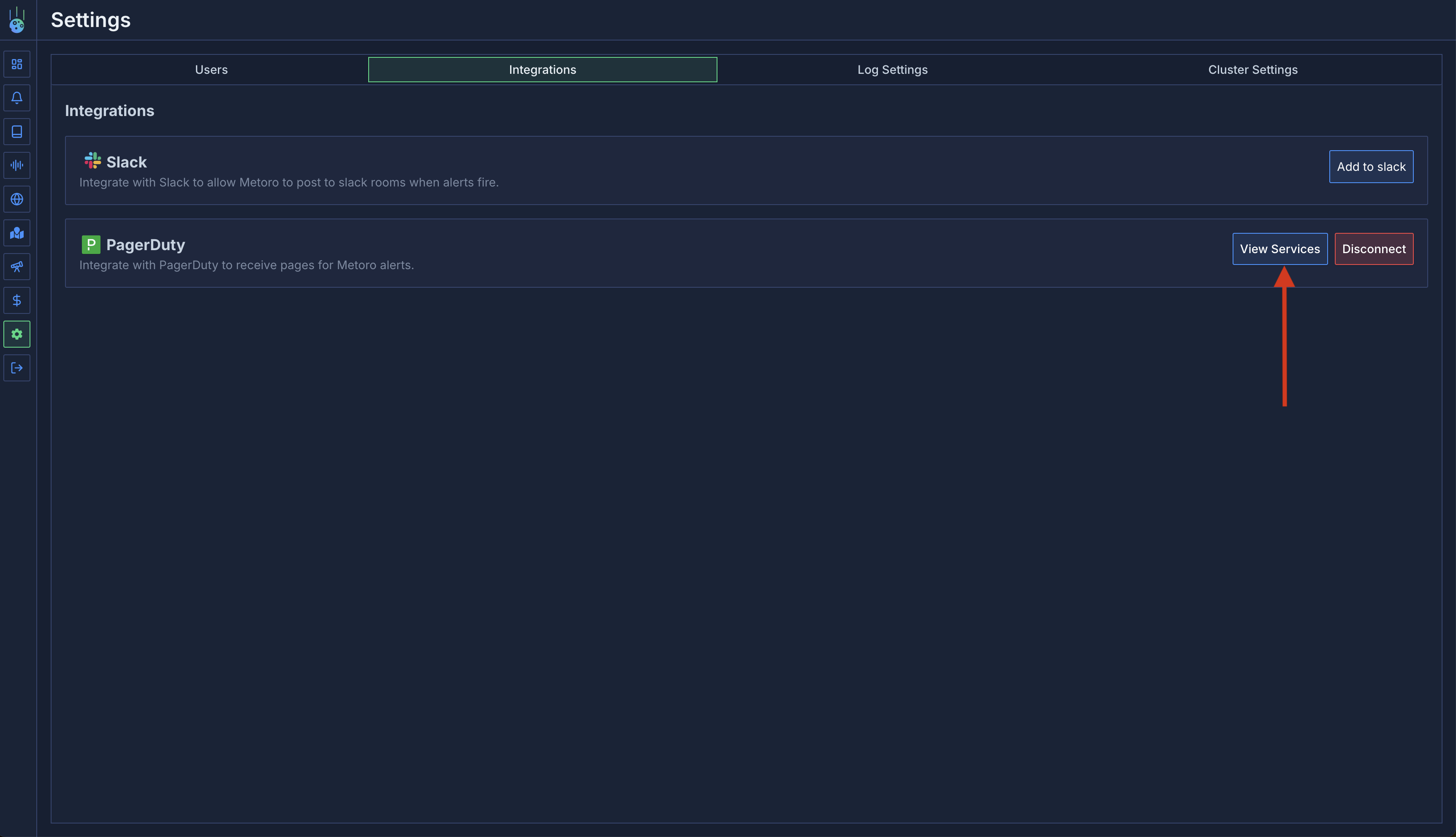Settings Integrations showing connected PagerDuty with View Services and Disconnect buttons