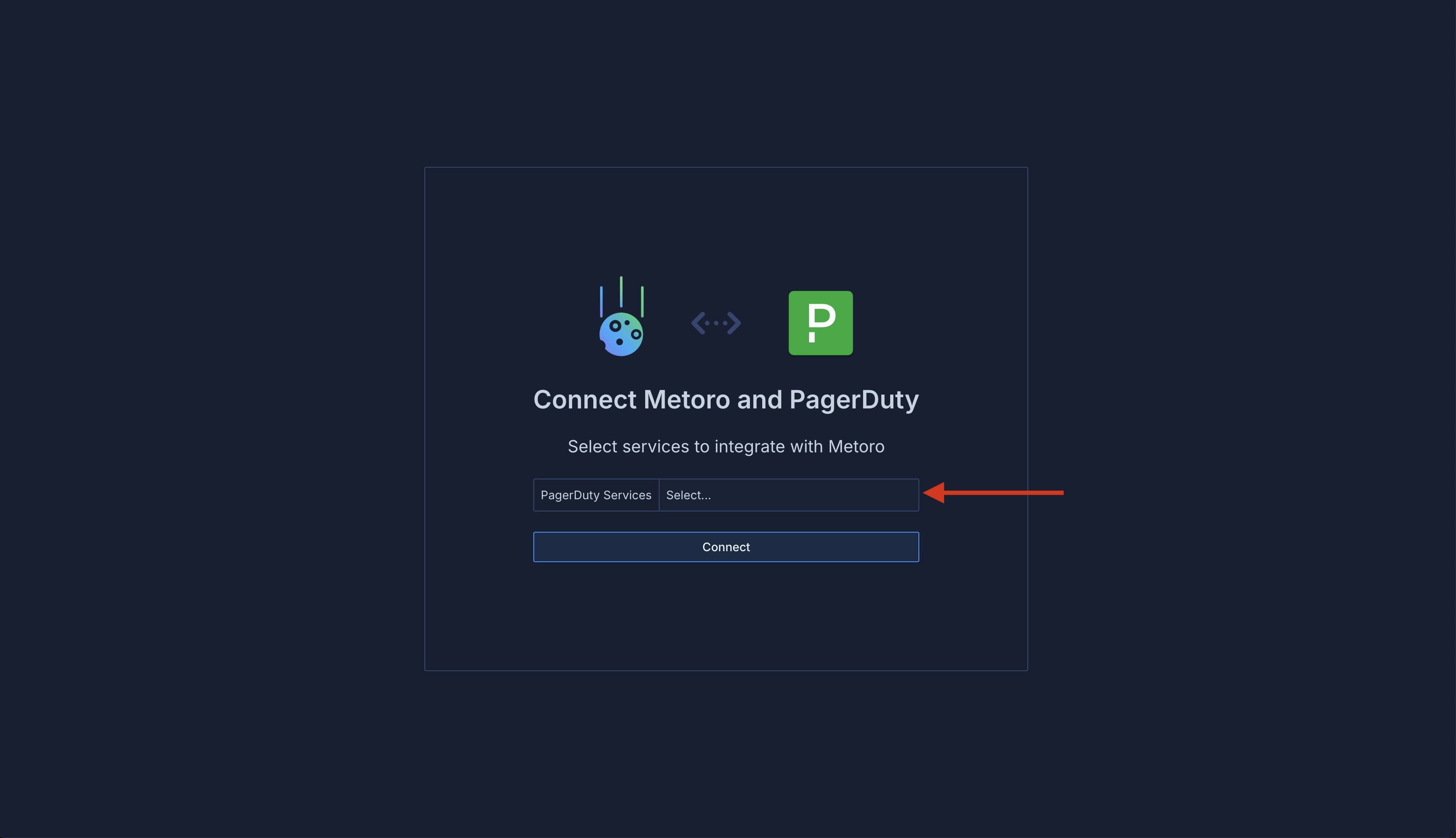Connect Metoro and PagerDuty page with service selector dropdown and Connect button