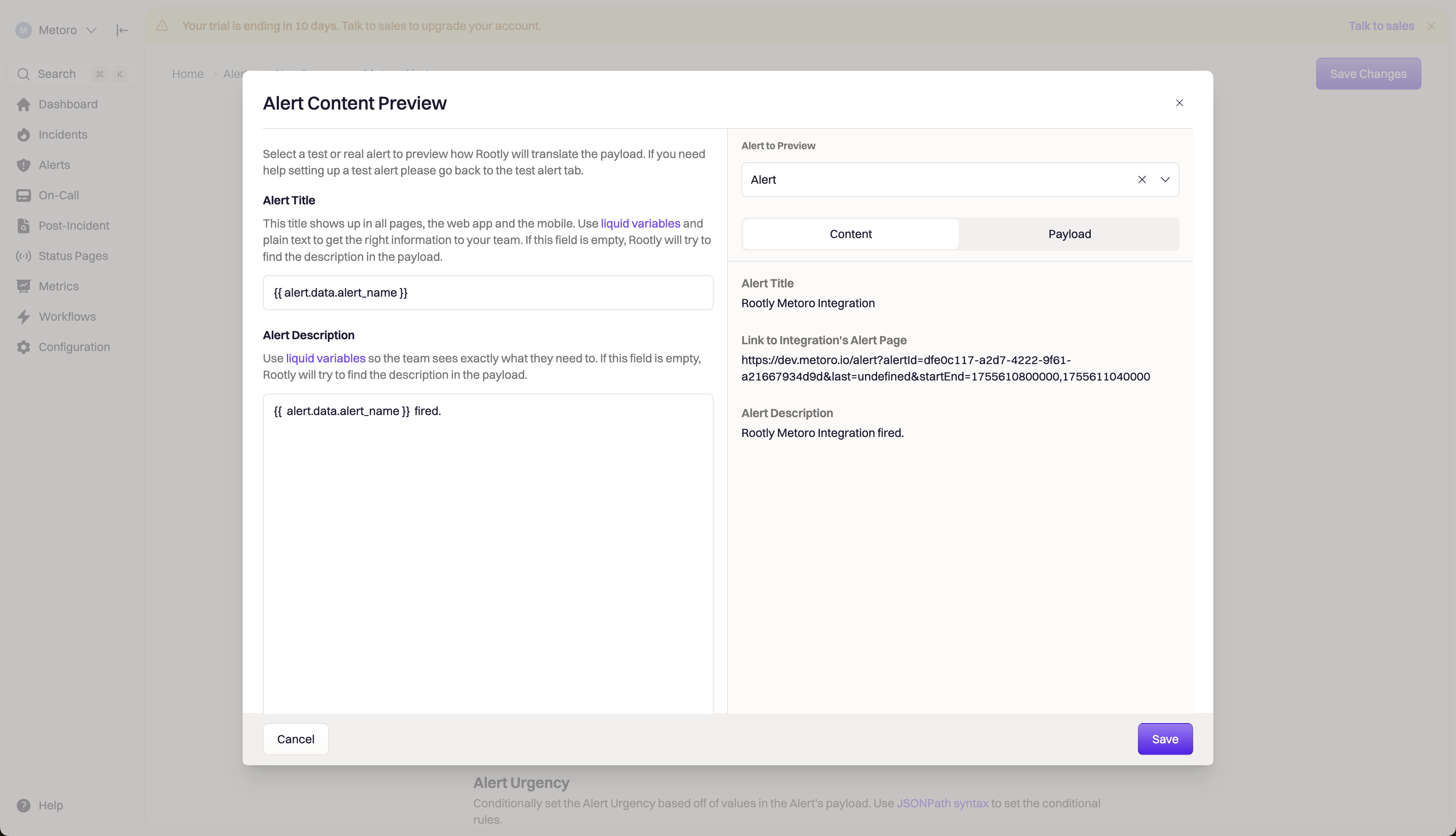 Rootly Alert Content Preview Page