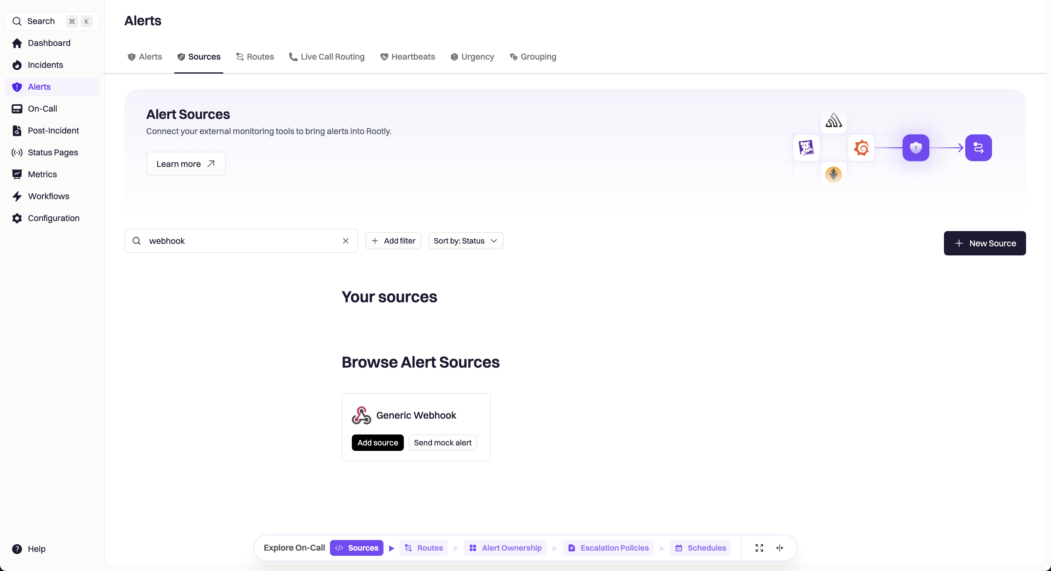 Rootly Alert Sources Page showing Generic Webhook