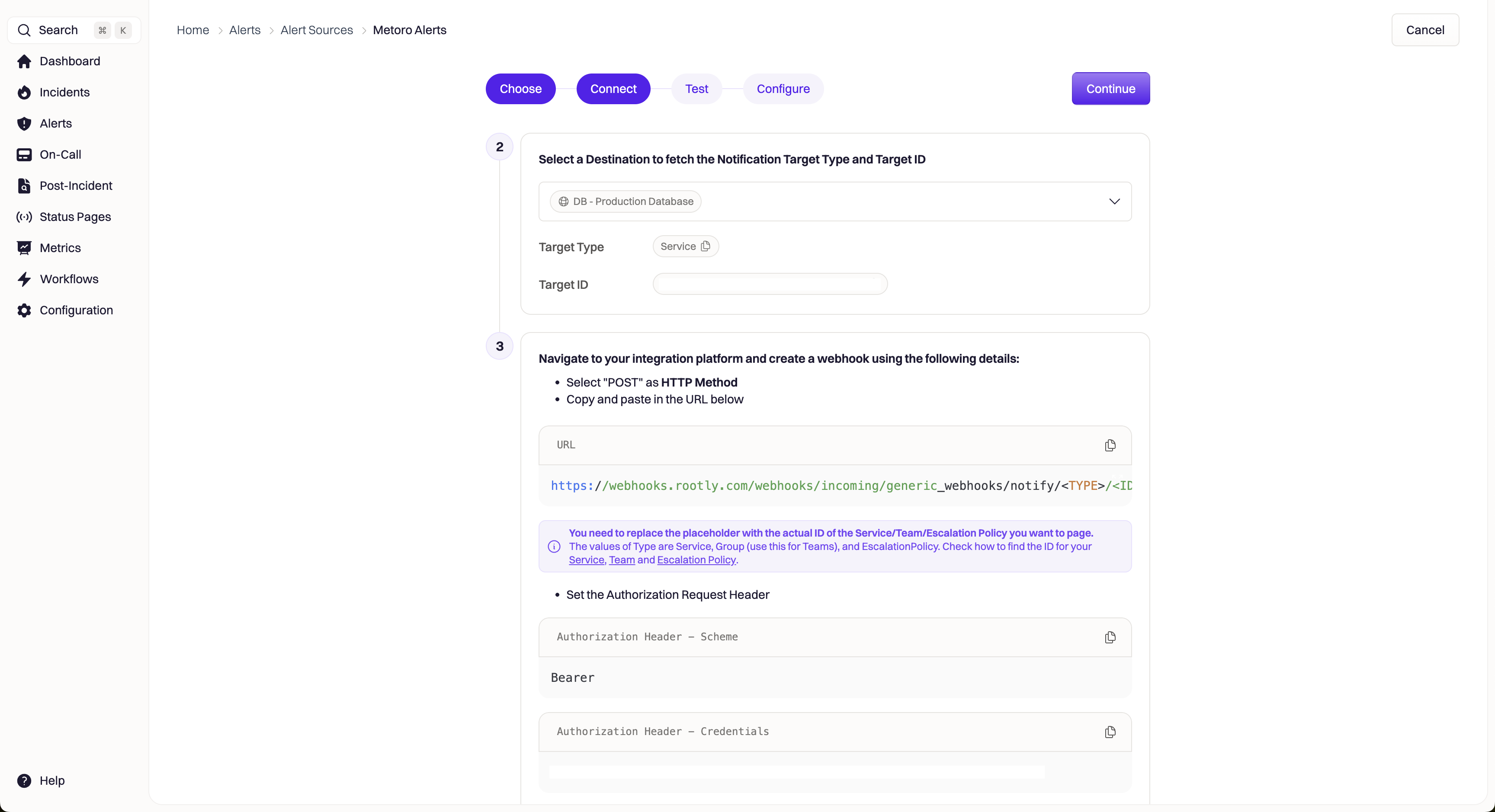 Rootly Webhook URL structure and Token page