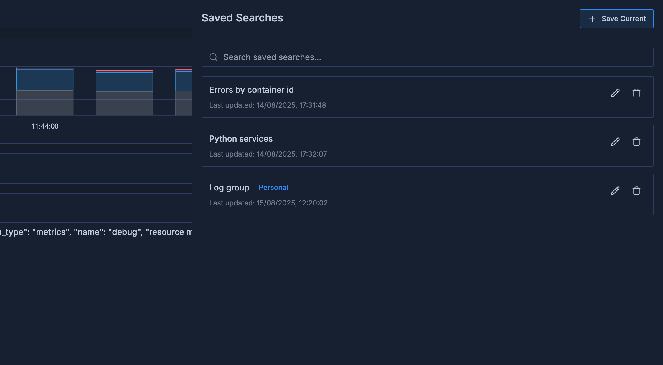 Saved Log Searches Drawer