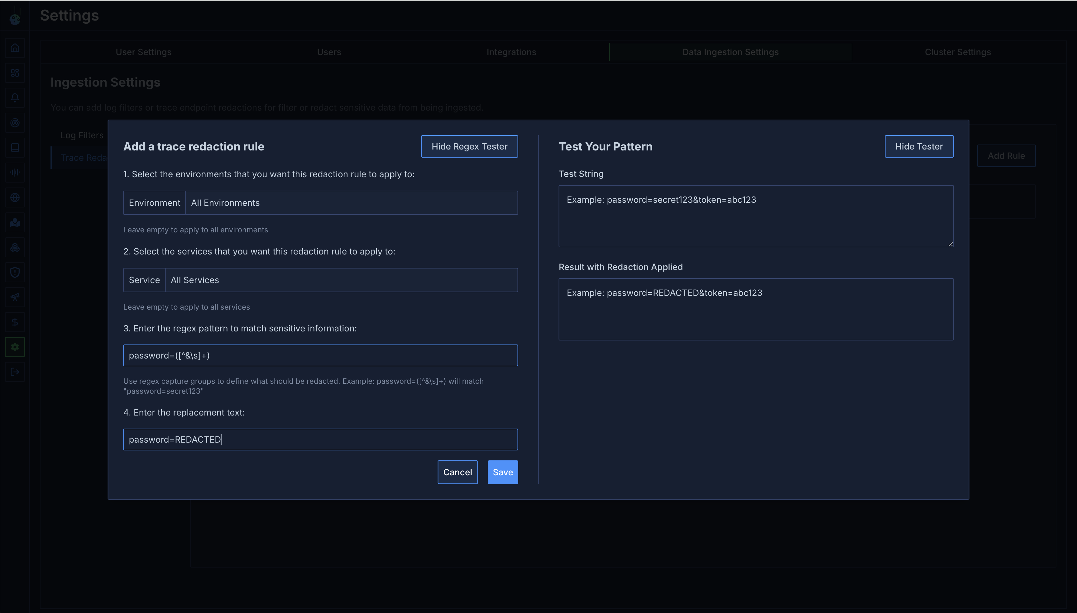 Trace Redaction Regex Tester