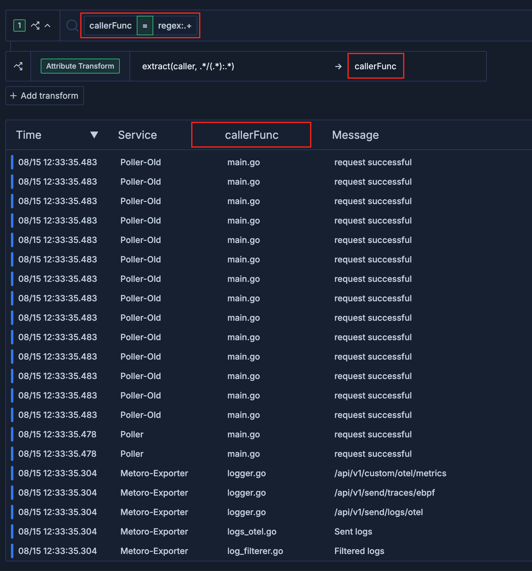 Transformation Attribute added as a column to the Logs table
