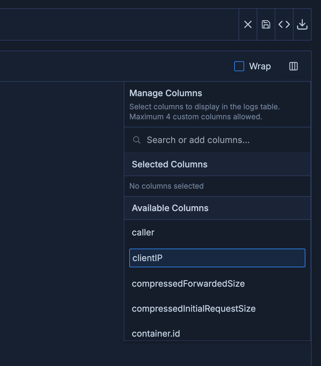 Custom Columns button on the right side of the Logs table
