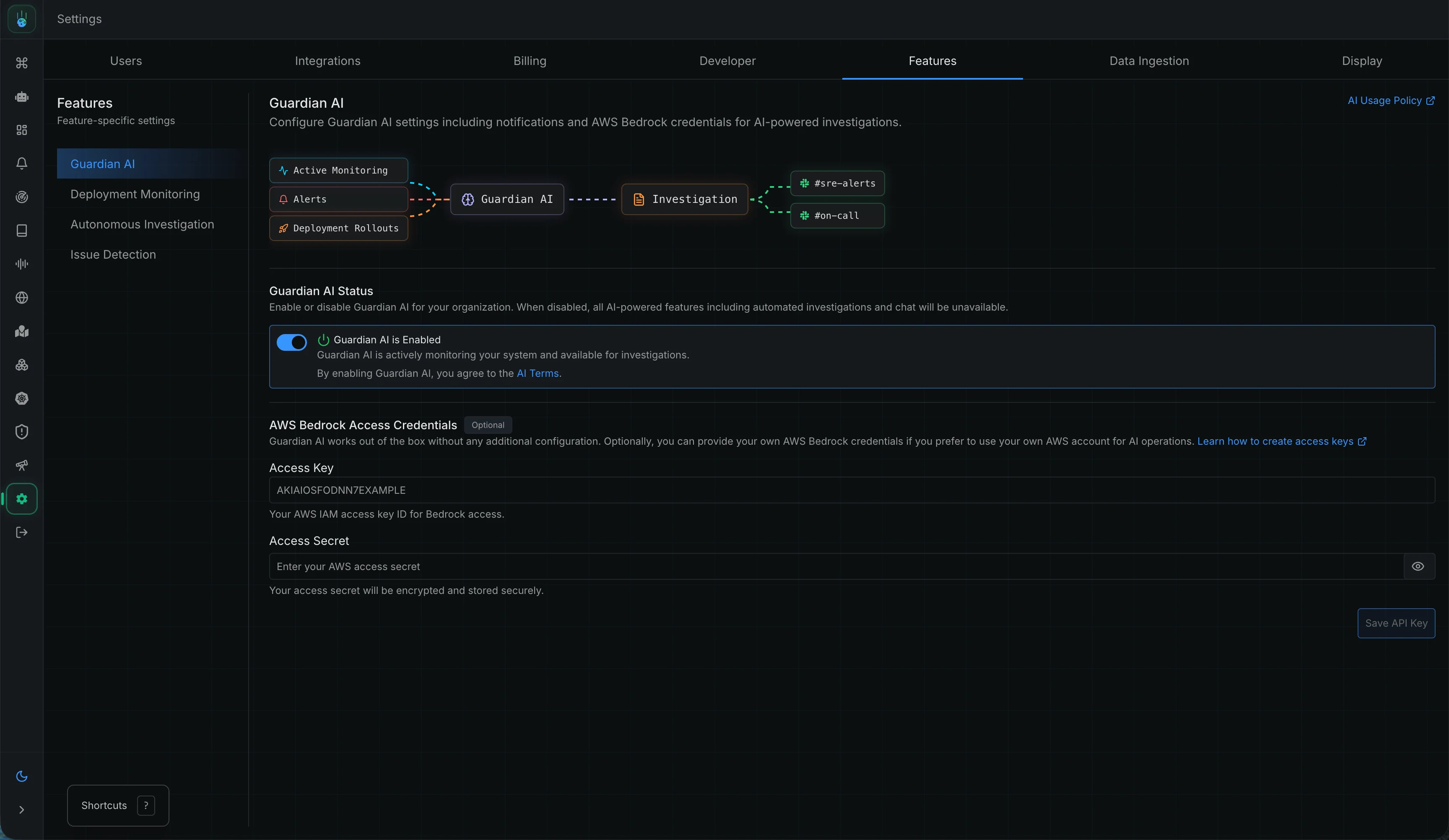 Guardian AI Status toggle in Settings -> Features -> Guardian AI.